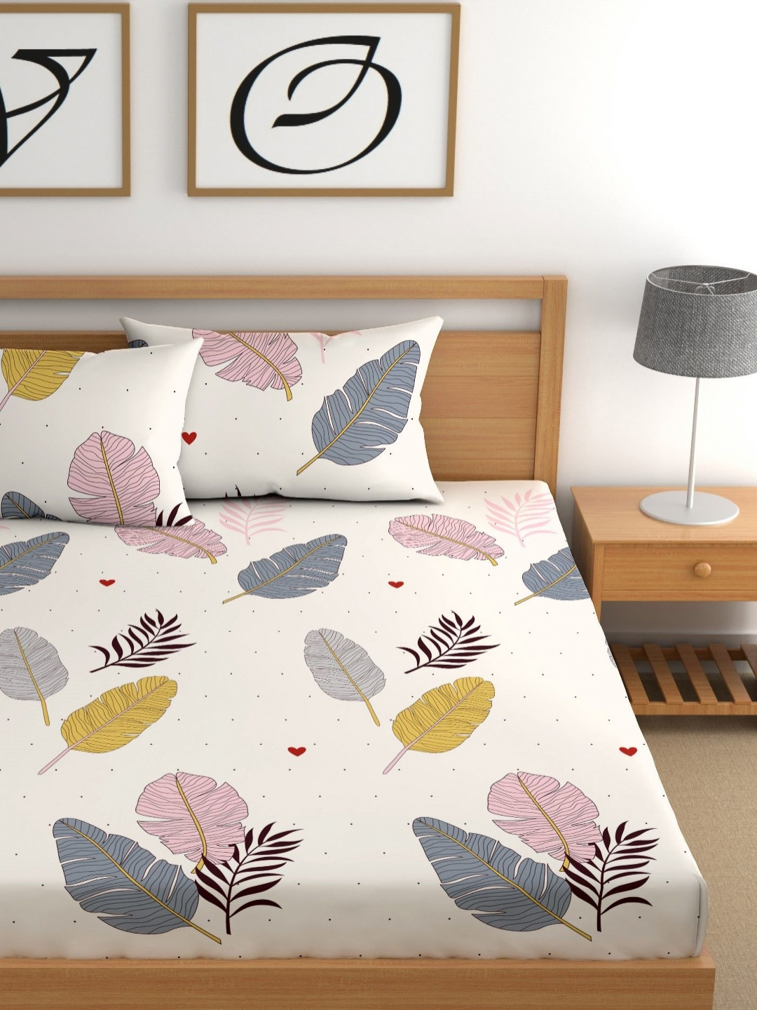 CG HOMES Beige Leaf Microfiber 210 TC Fitted Queen Fine Bedsheet with 2 Pillow Covers-72 x 72 inches