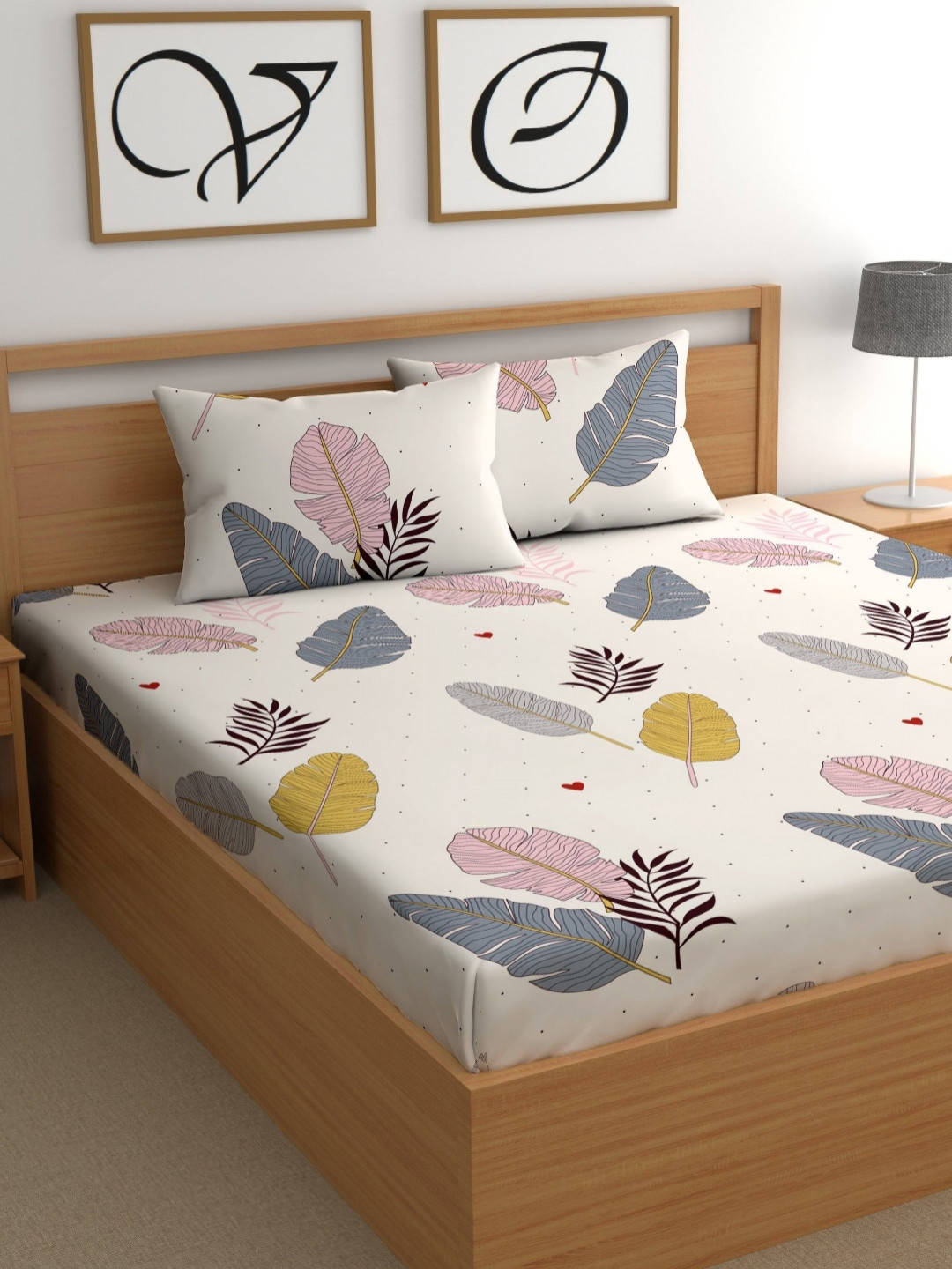 CG HOMES Beige Leaf Microfiber 210 TC Fitted Queen Fine Bedsheet with 2 Pillow Covers-87 x 87 inches