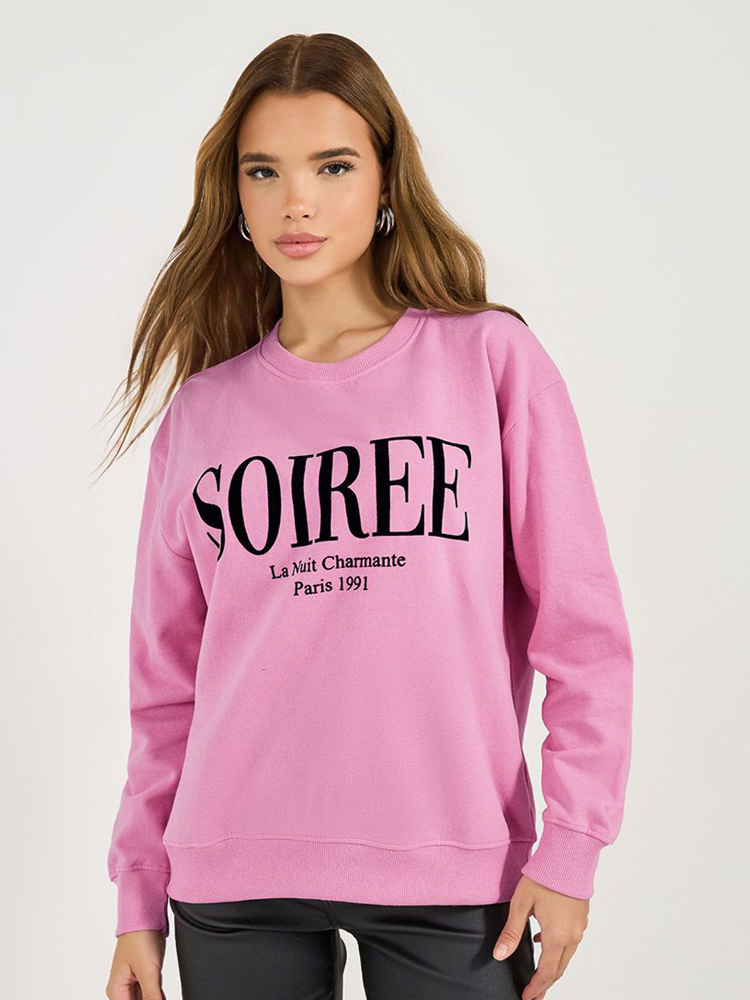 Styli Women Regular Fit Regular Length Flock Printed Casual Pullover Sweatshirt