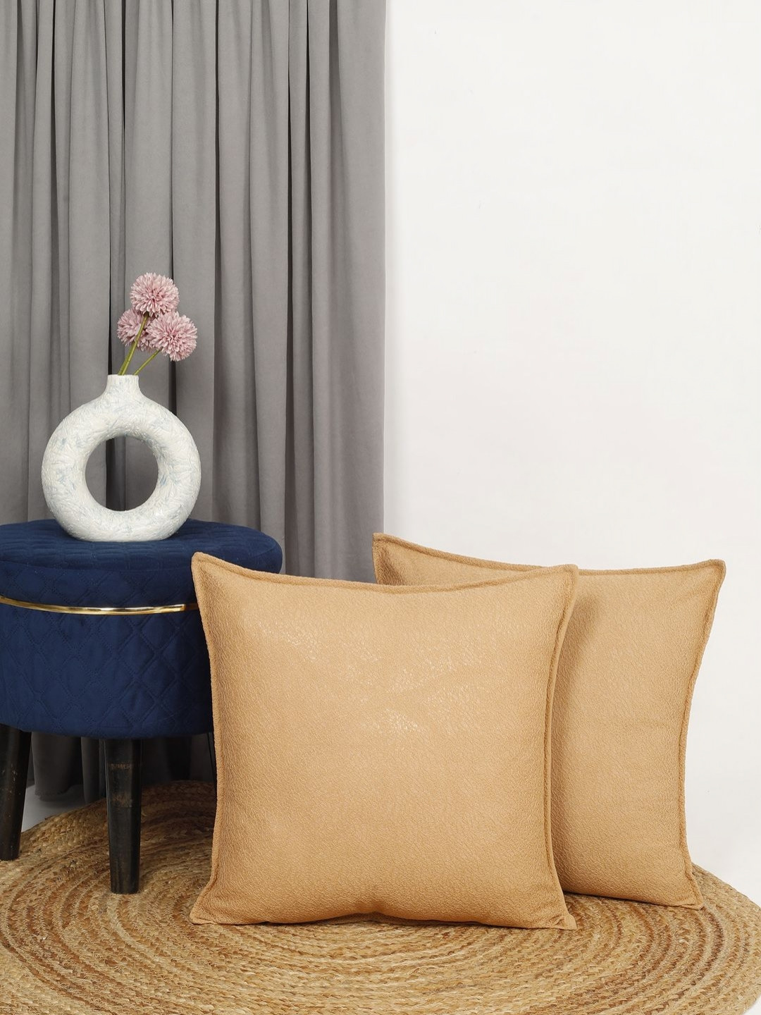 THE CONVERSION Beige Jacquard Washable 2 Piece Square Cushion Covers - 24 x 24 Inches
