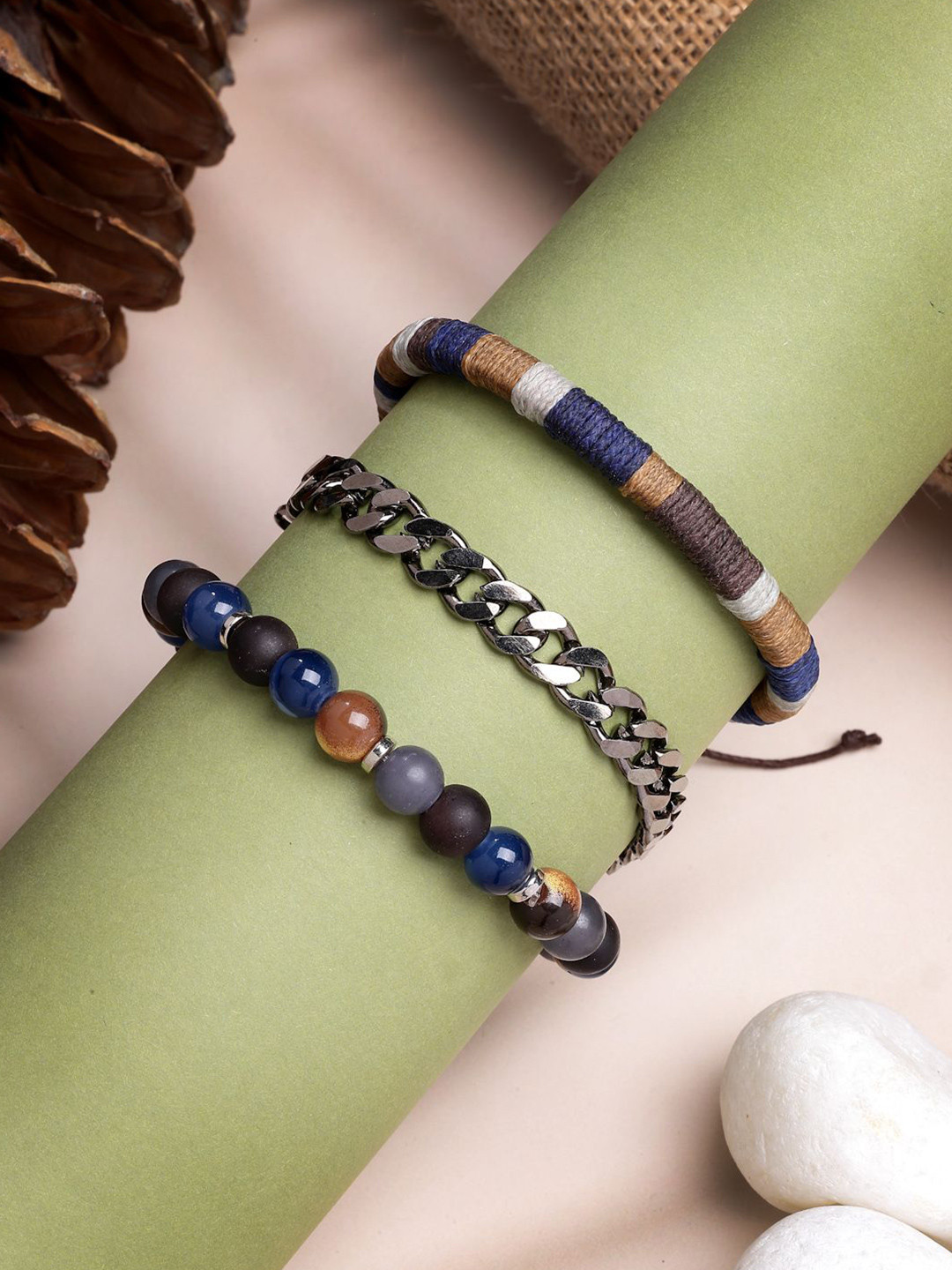 AQUATAN Men Set of 3 Beaded Wrapping Elasticated Bracelets
