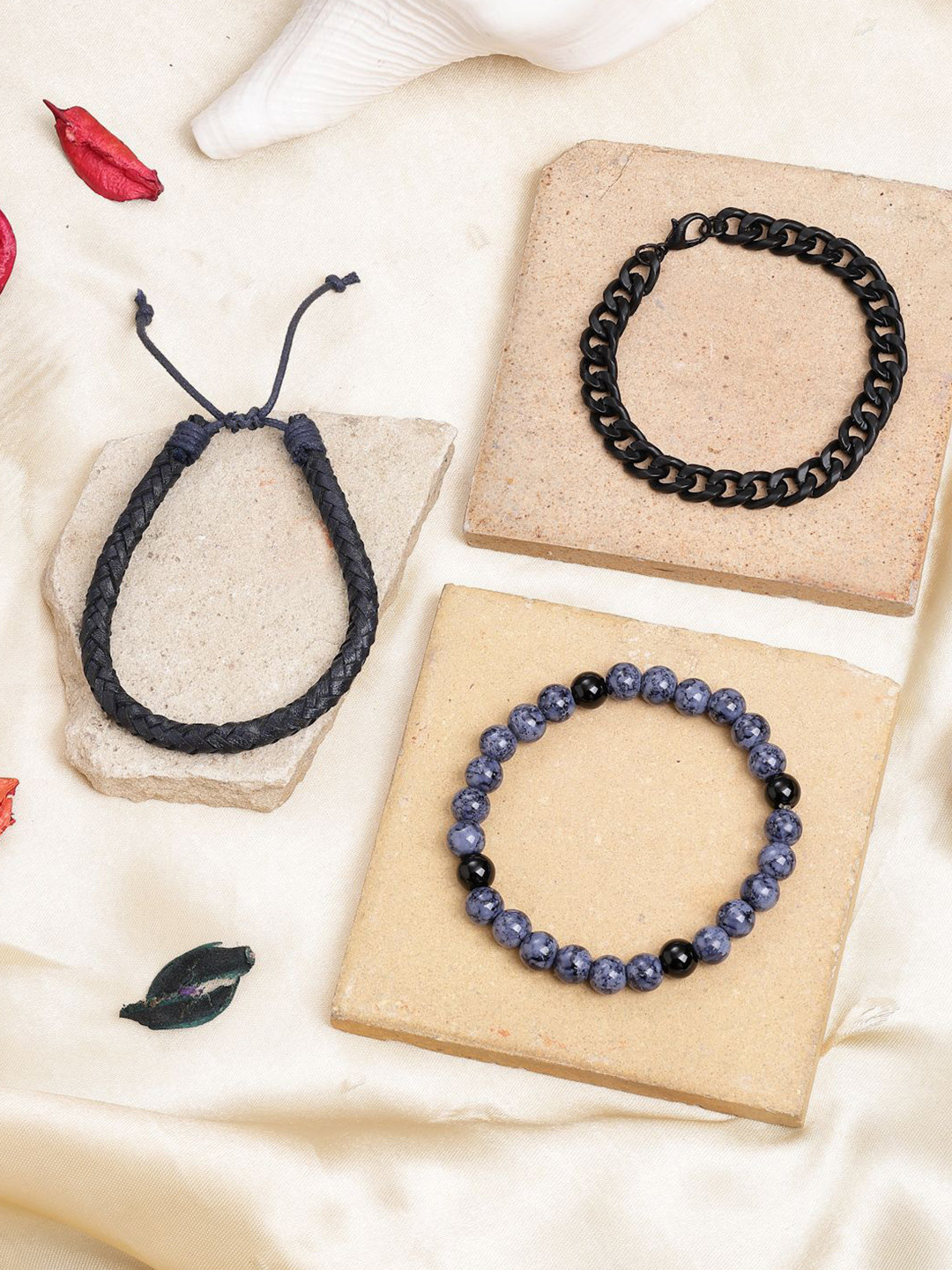 AQUATAN Men Set of 3 Chain Leather Glass Beaded Elasticated Bracelets