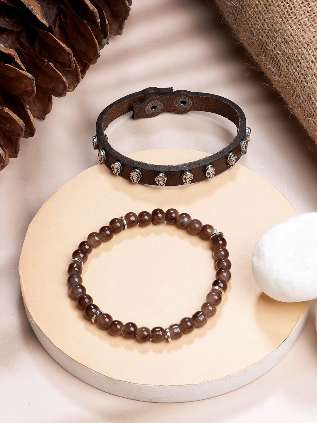 AQUATAN Men Set Of 2 Leather Strip Glass Beaded Elasticated Bracelets