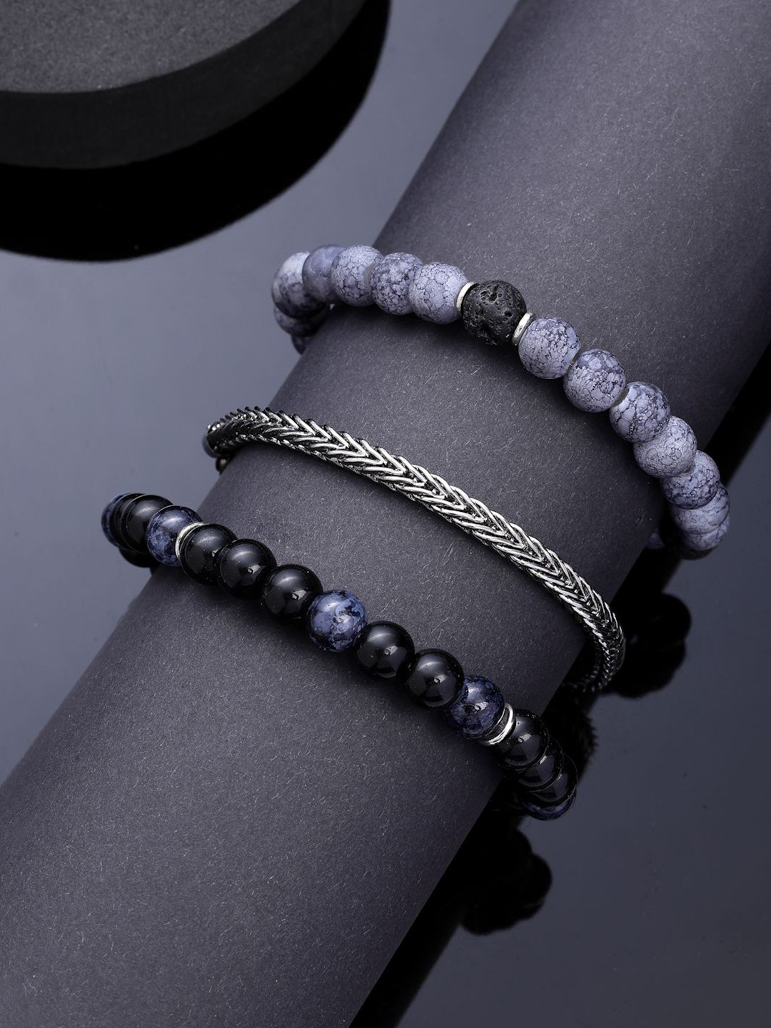 AQUATAN Men Set of 3 Rhodium-Plated Chain Glass Beaded Elasticated Bracelets