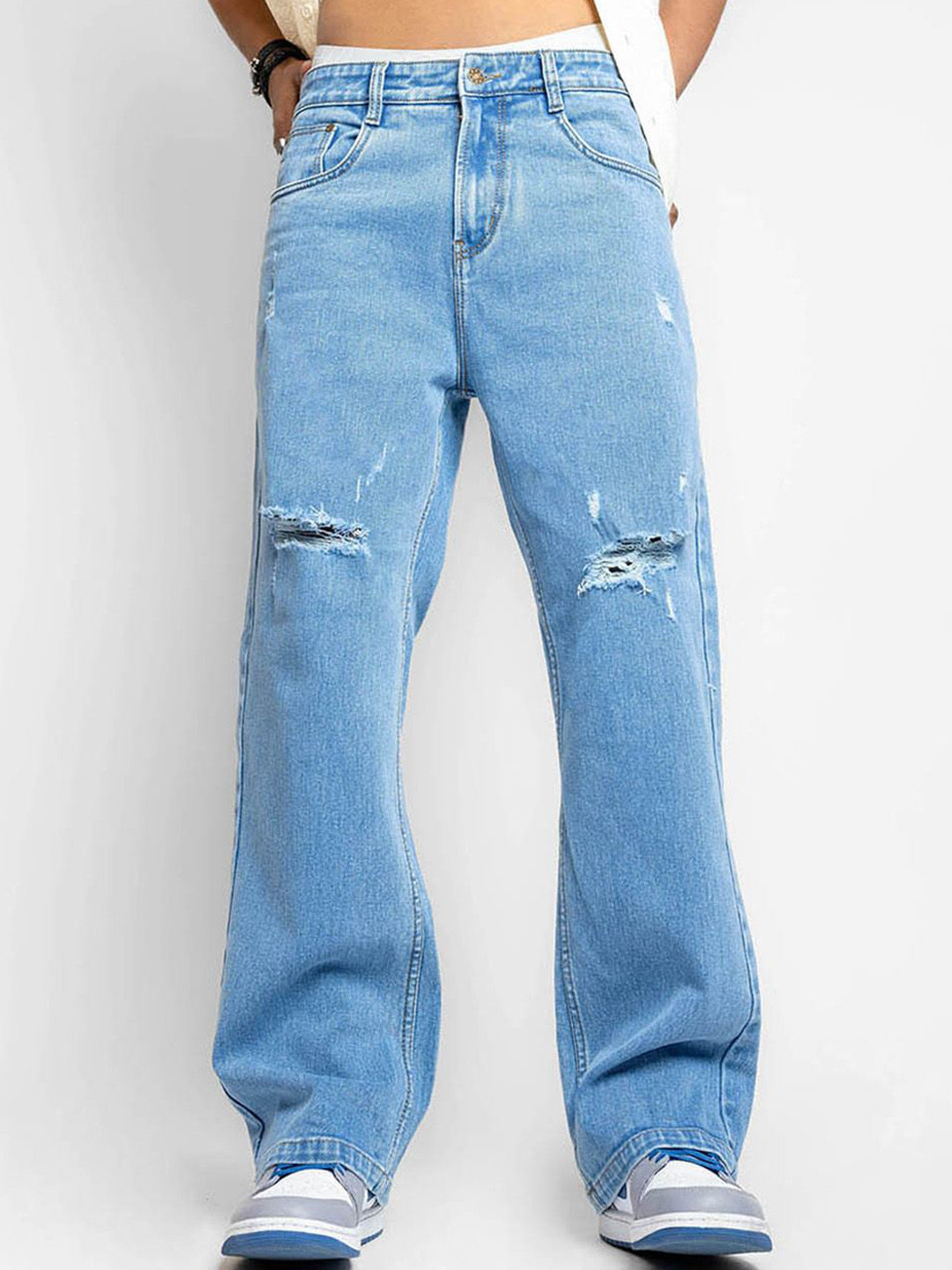 FIBONACCI Men Ice Blue Distressed Baggy Jeans