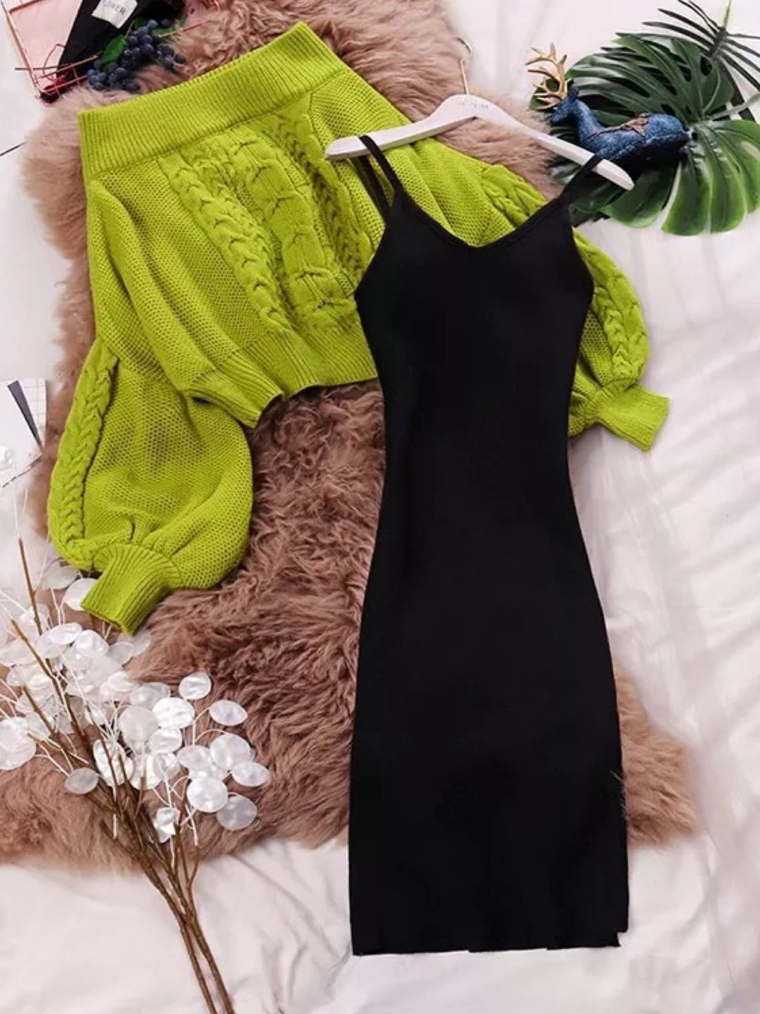 Miss Mosa By Akanksha  Women Green Renny Luxury Pullover with Dress