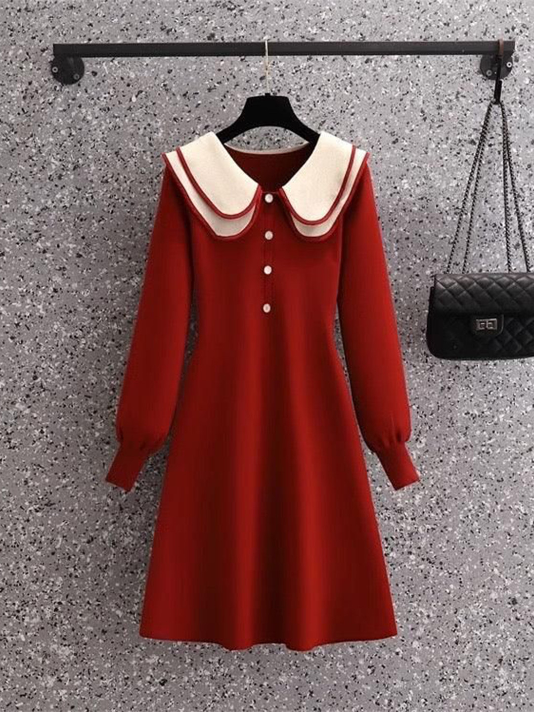 Miss Mosa By Akanksha  Women Red Jasper Doll Collar Knitted Dress