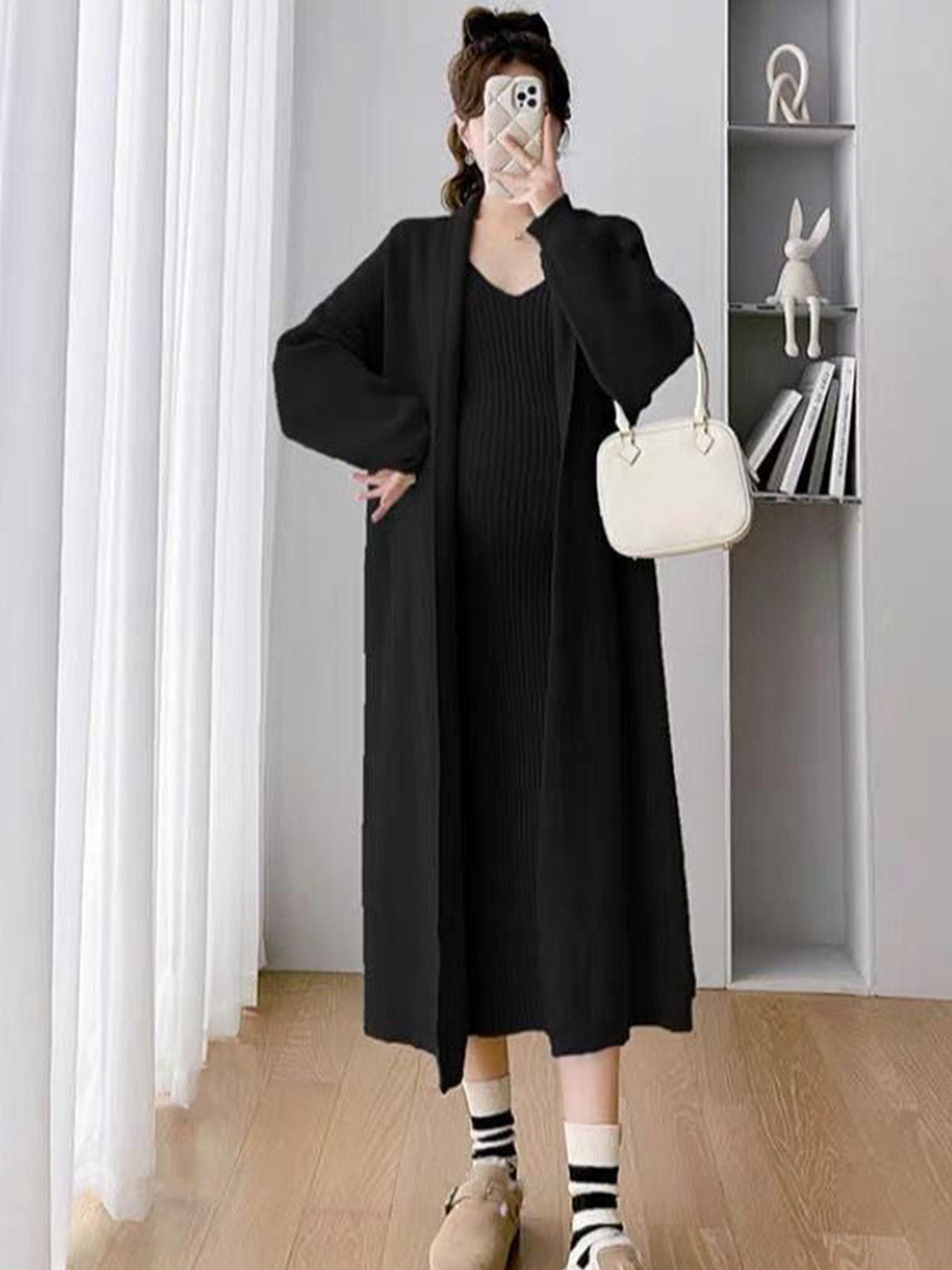 Miss Mosa By Akanksha  Women Black Manie Bodycon Dress with Woolen Coat