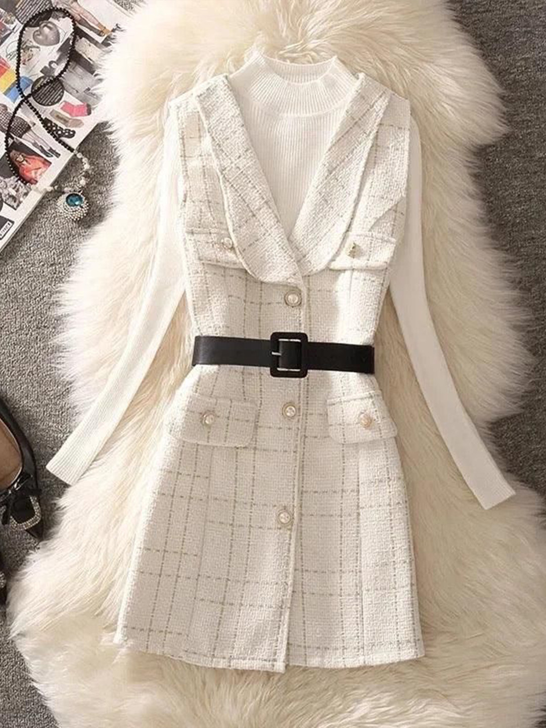 Miss Mosa By Akanksha  Women White Rader Set of Top and Woolen Tweed Dress