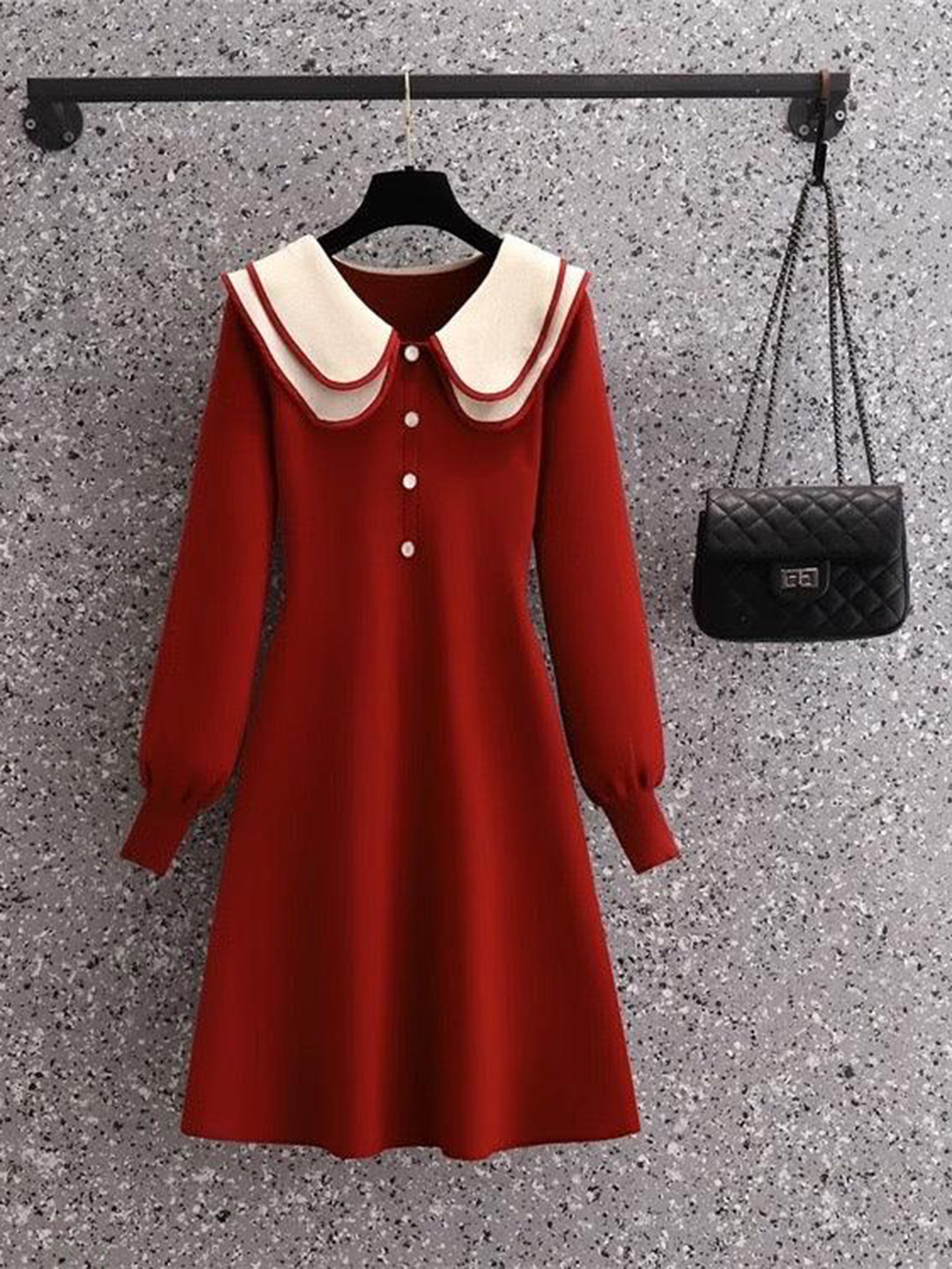 Miss Mosa By Akanksha  Women Red Jasper Doll Collar Knitted Dress