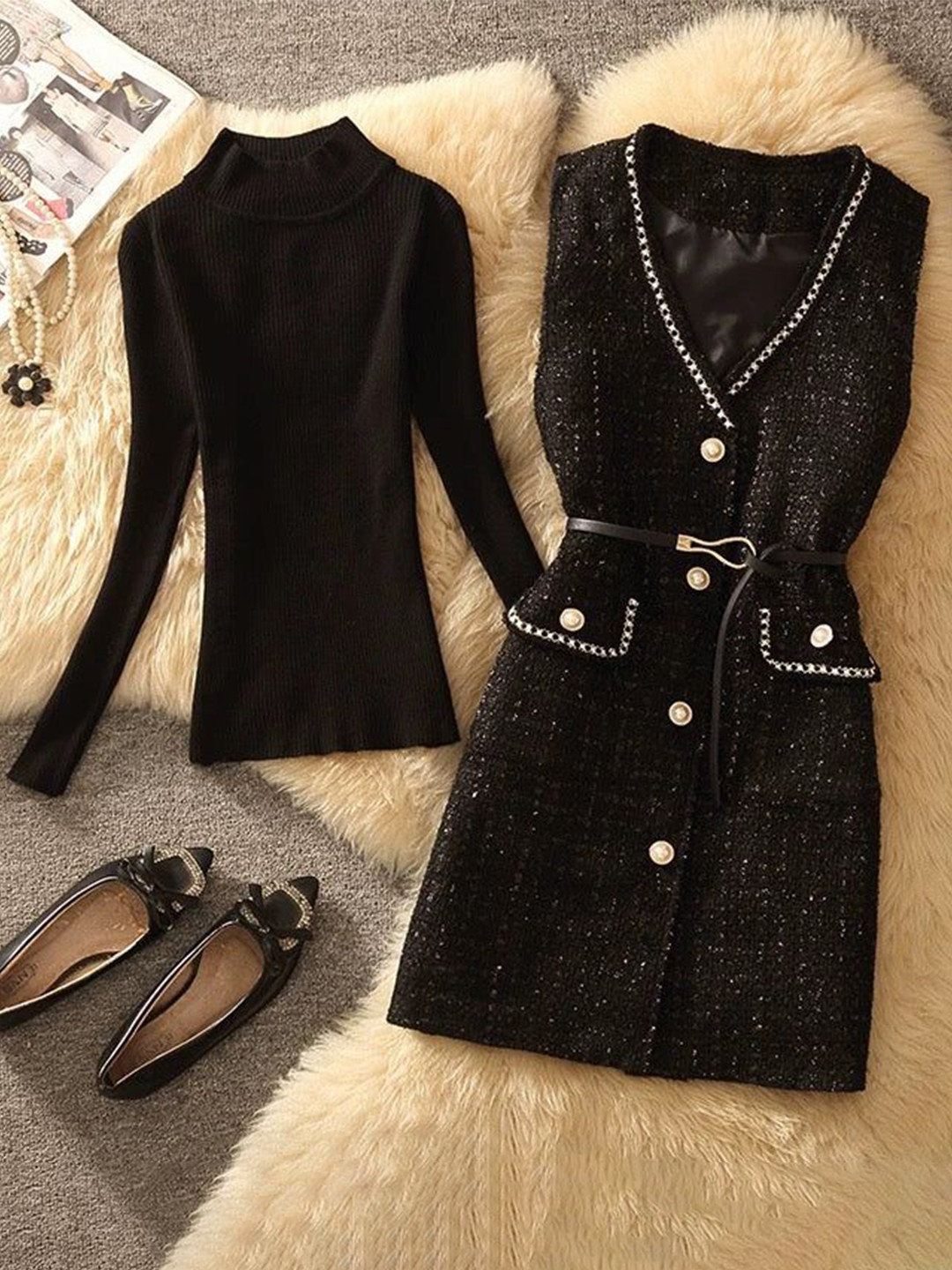 Miss Mosa By Akanksha  Women Black Lola Set of Top and Woolen Tweed Dress