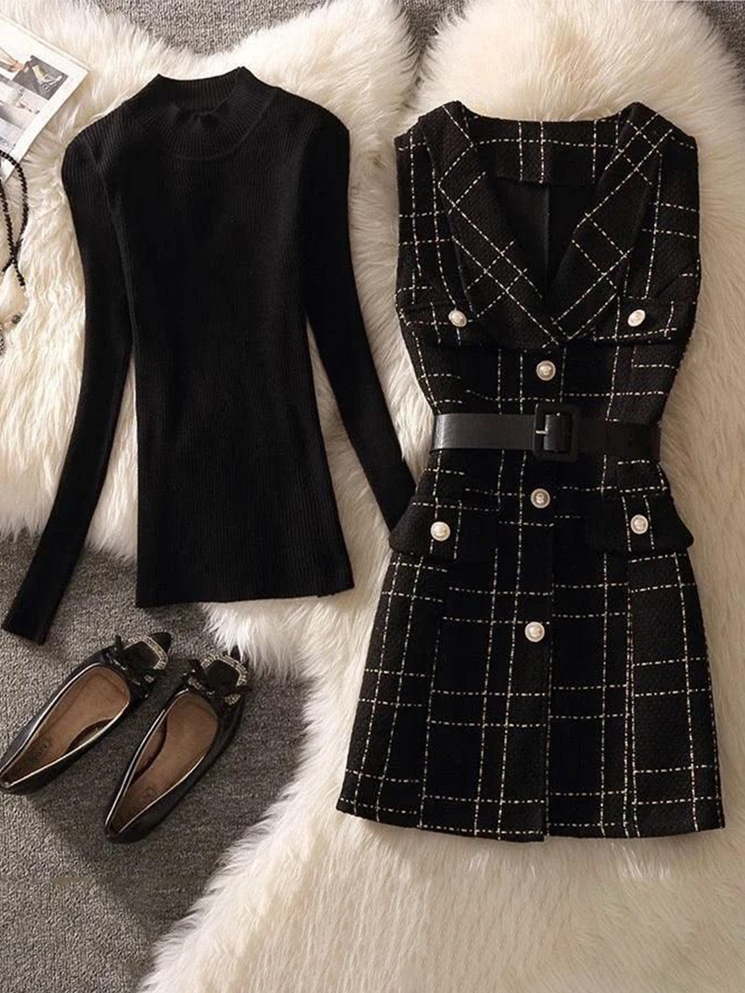 Miss Mosa By Akanksha  Women Black Rader Set of Top and Woolen Tweed Dress