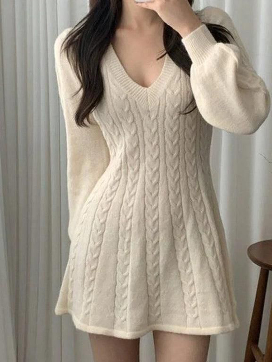 Miss Mosa By Akanksha  Women Beige Taron Knitted A- Line Dress