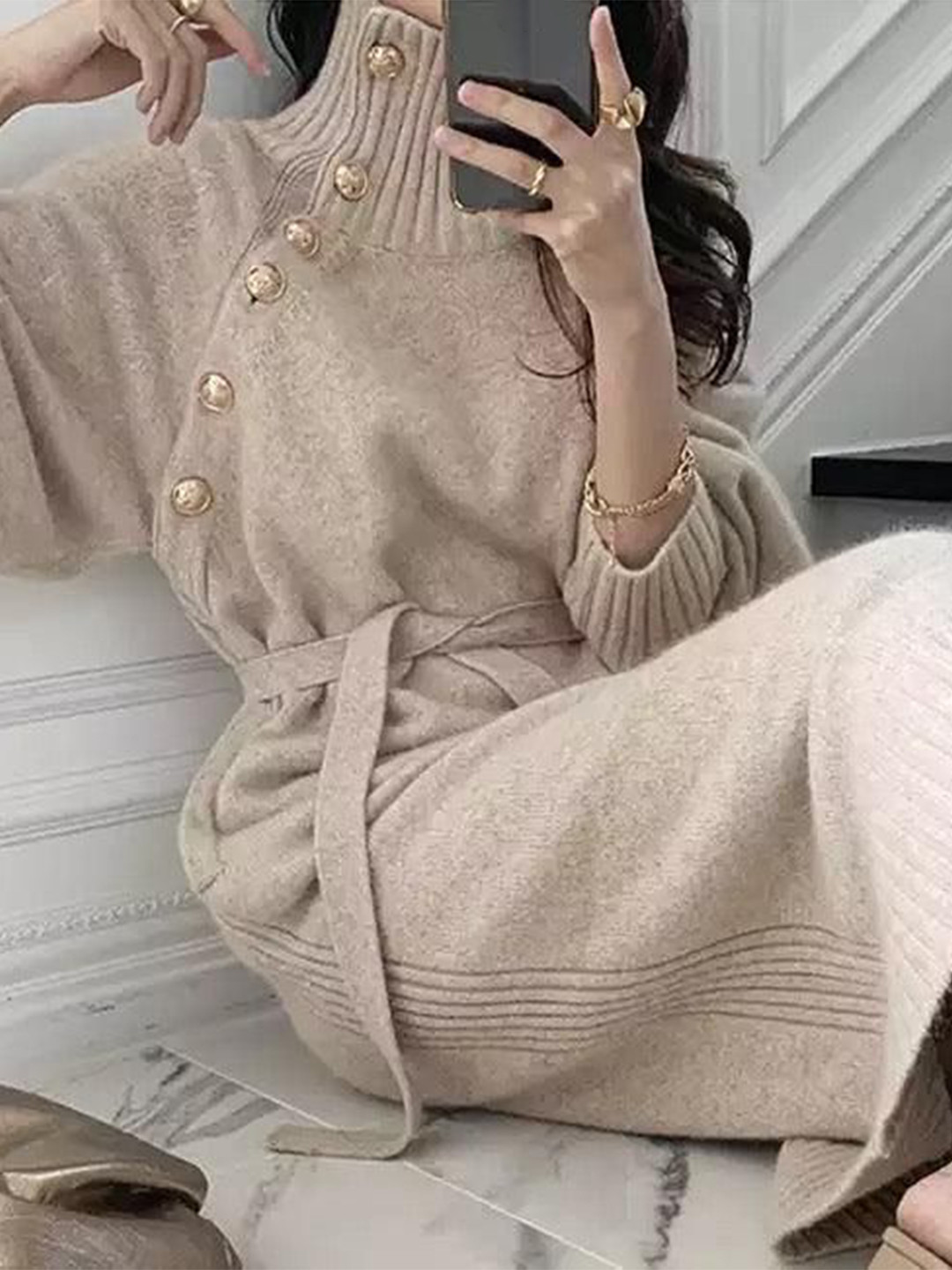 Miss Mosa By Akanksha  Women Beige Sikura Winter Dress