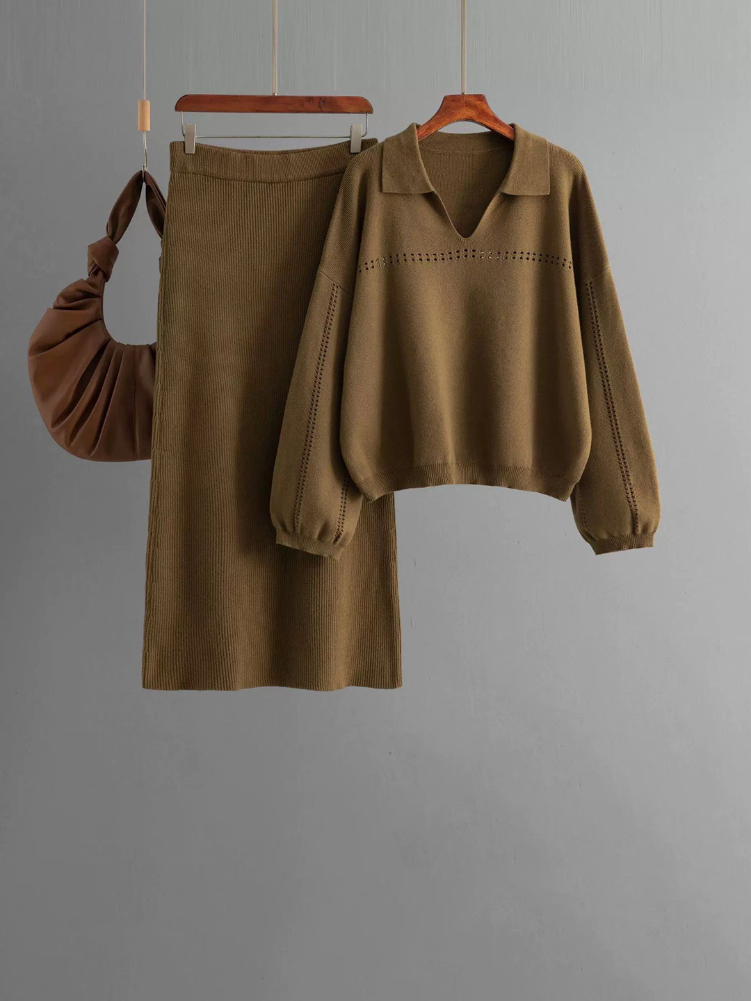 Miss Mosa By Akanksha  Brown Aster Premium Woolen Coord Set - Sweater with Skirt
