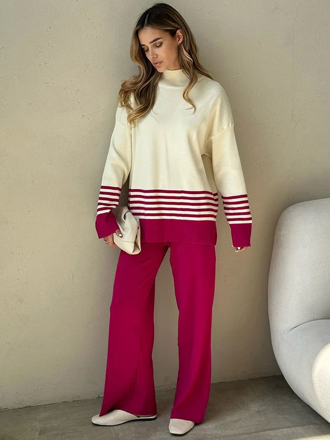 Miss Mosa By Akanksha  Pink Ariana Striped Premium Winter Coord Set - Tracksuit