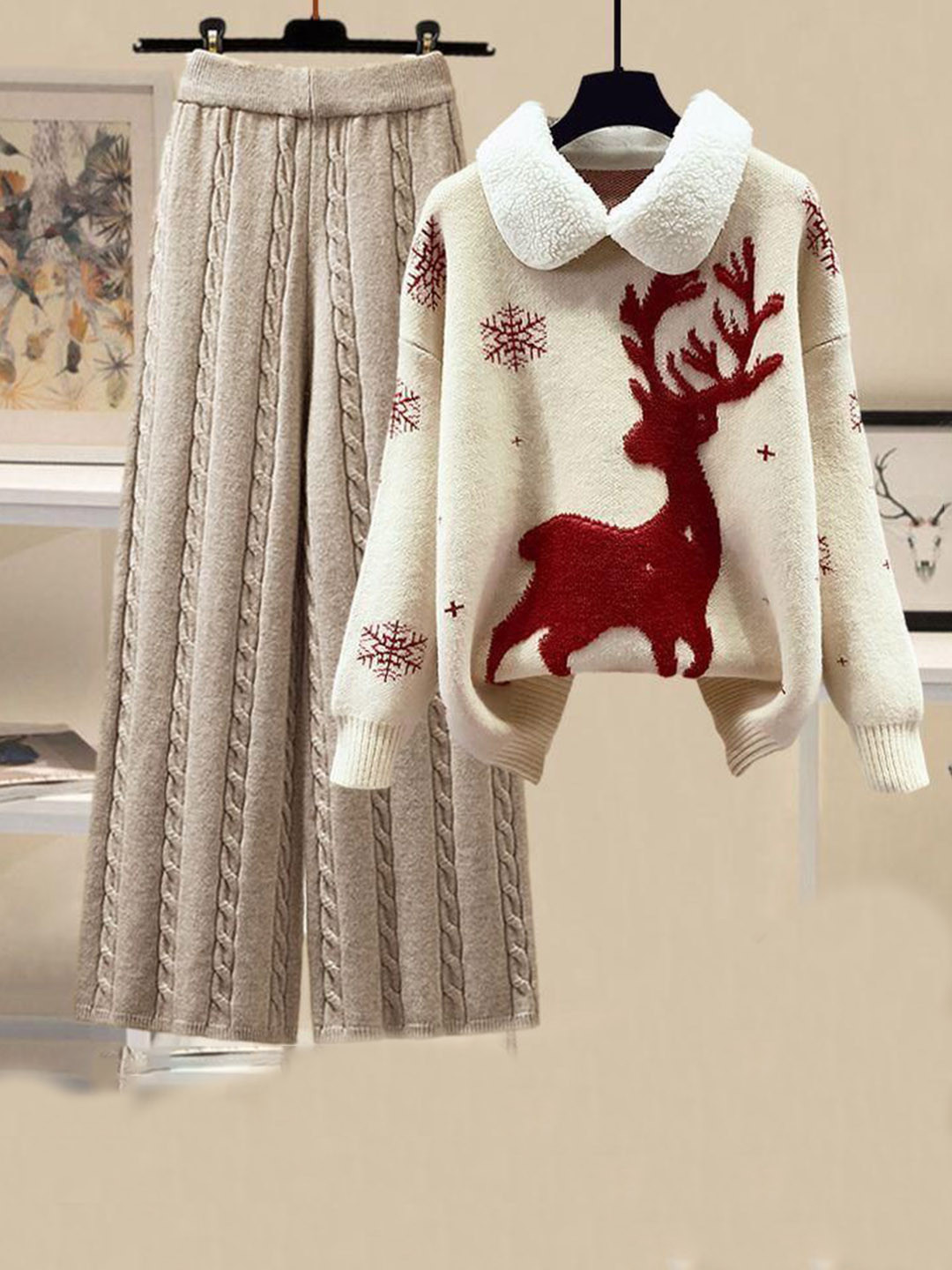 Miss Mosa By Akanksha  White Reindeer Woolen Coord Set