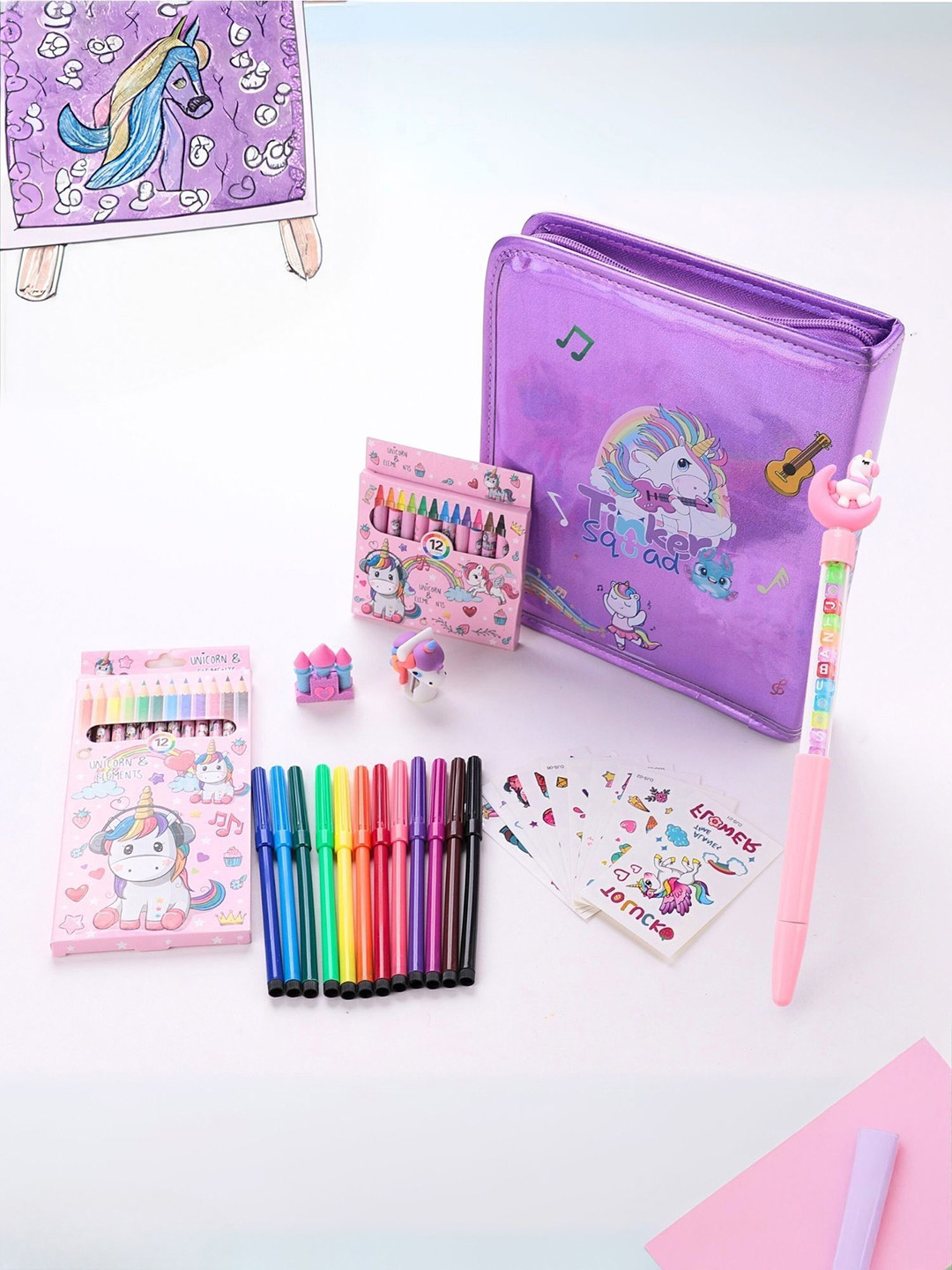 Tinker Squad 50 Pieces Unicorn Premium Case Art Drawing & Colouring Gift Set Stationery