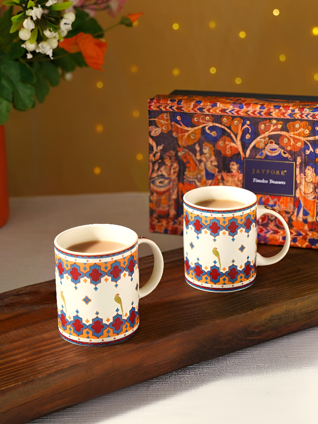 JAYPORE Fido Sip & Inspire White Ethnic Motifs Porcelain Handmade 2 Piece Cups-270ml