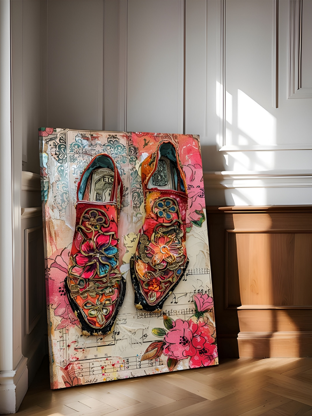 Art Street Pink & Yellow 1 Piece Vitage Floral Shoes Stretched Canvas Wall Art