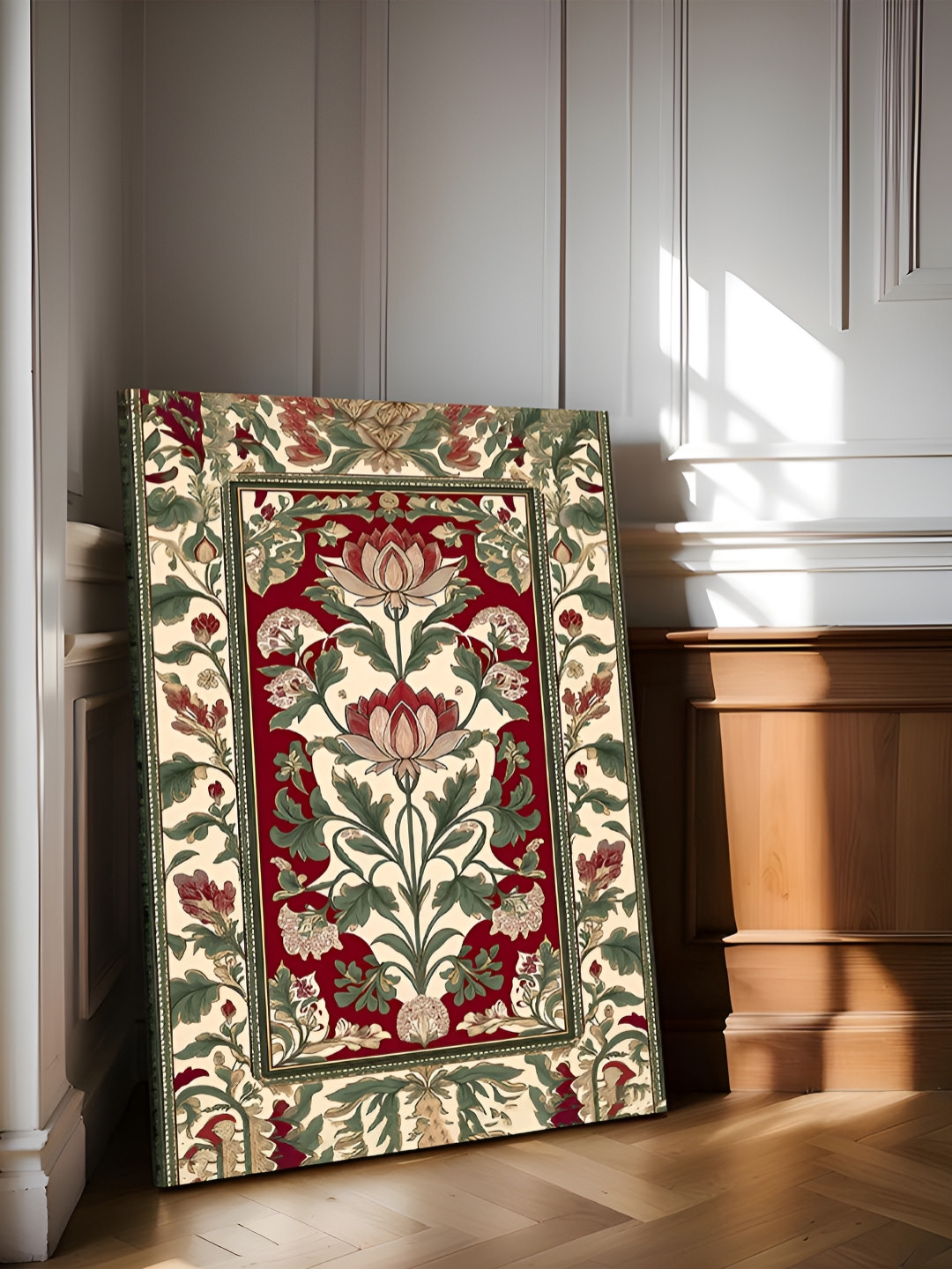 Art Street Red & Green Indian Lotus Floral Stretched Canvas Wall Art