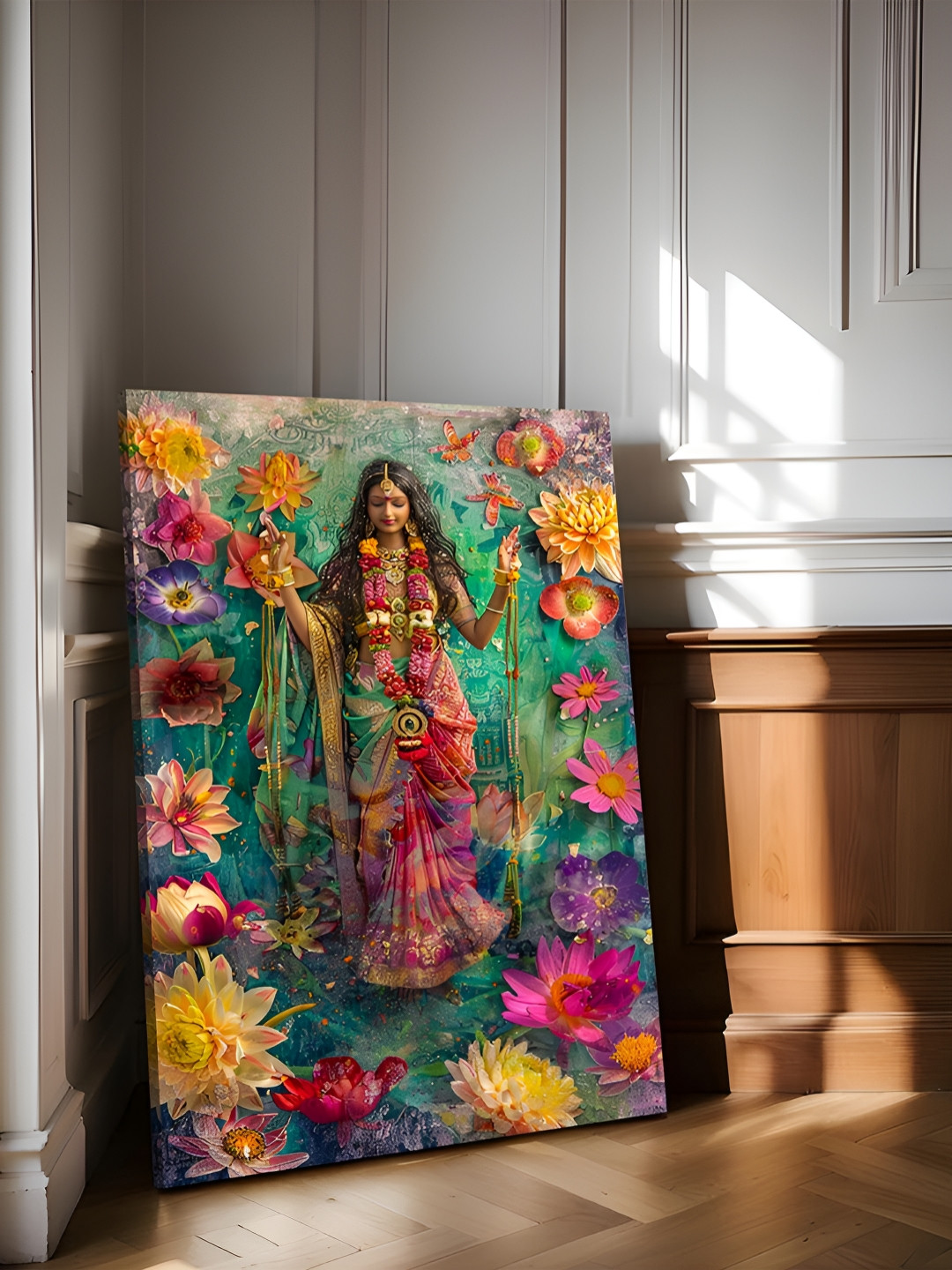 Art Street Sea Green & Pink Indian Goddess Stretched Canvas Wall Art