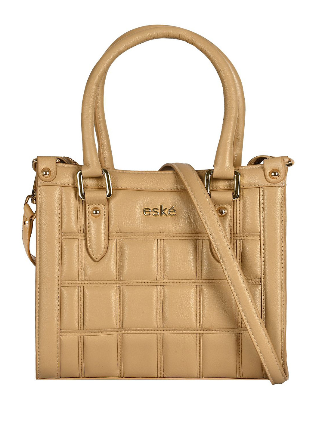 eske Women Gold Quilted Structured Adjustable Sling Strap Leather Handheld Handbag
