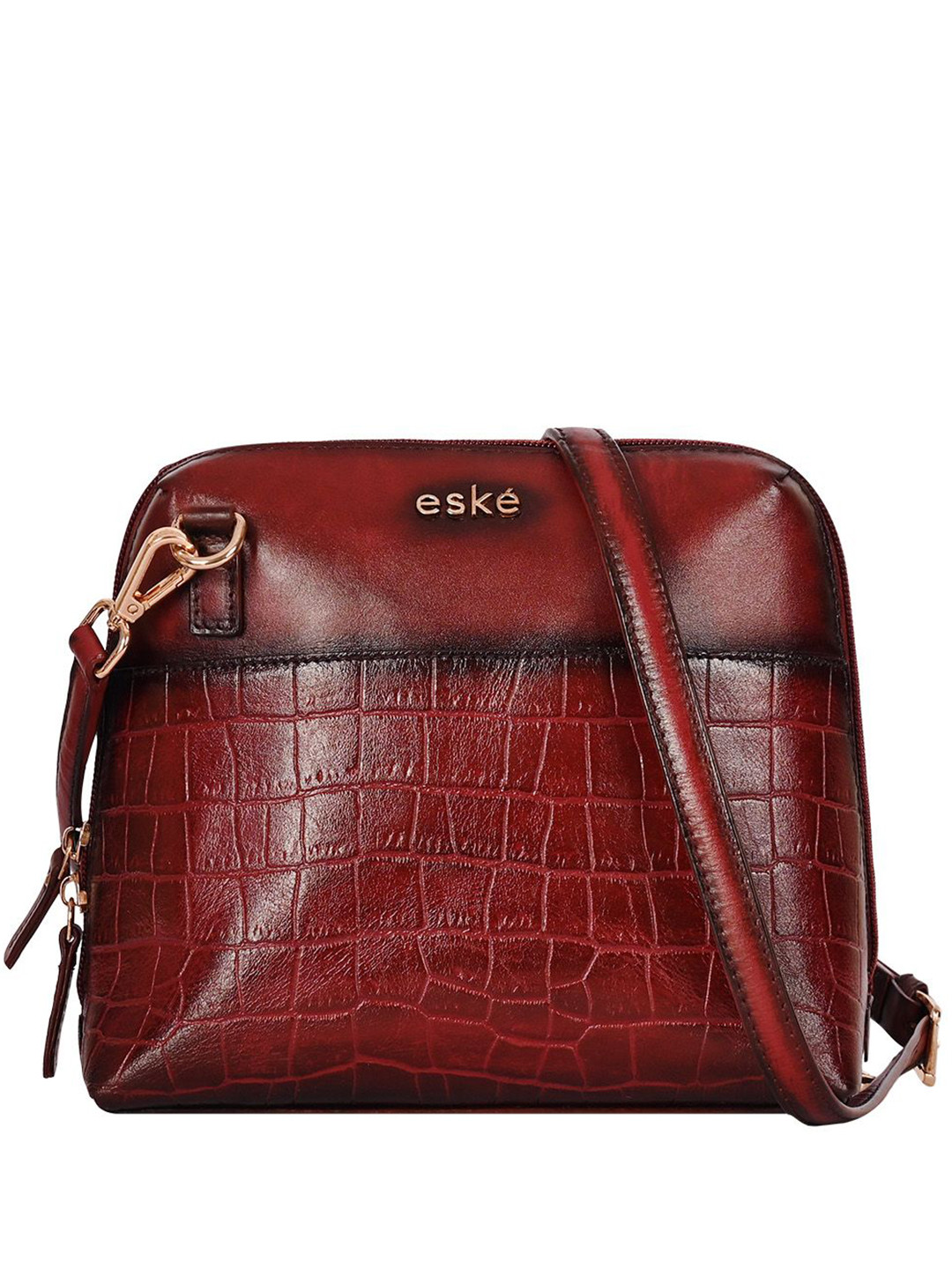 eske Women Maroon Printed Adjustable Sling Strap 2 Zip Pocket Leather Mini Shoulder Bag
