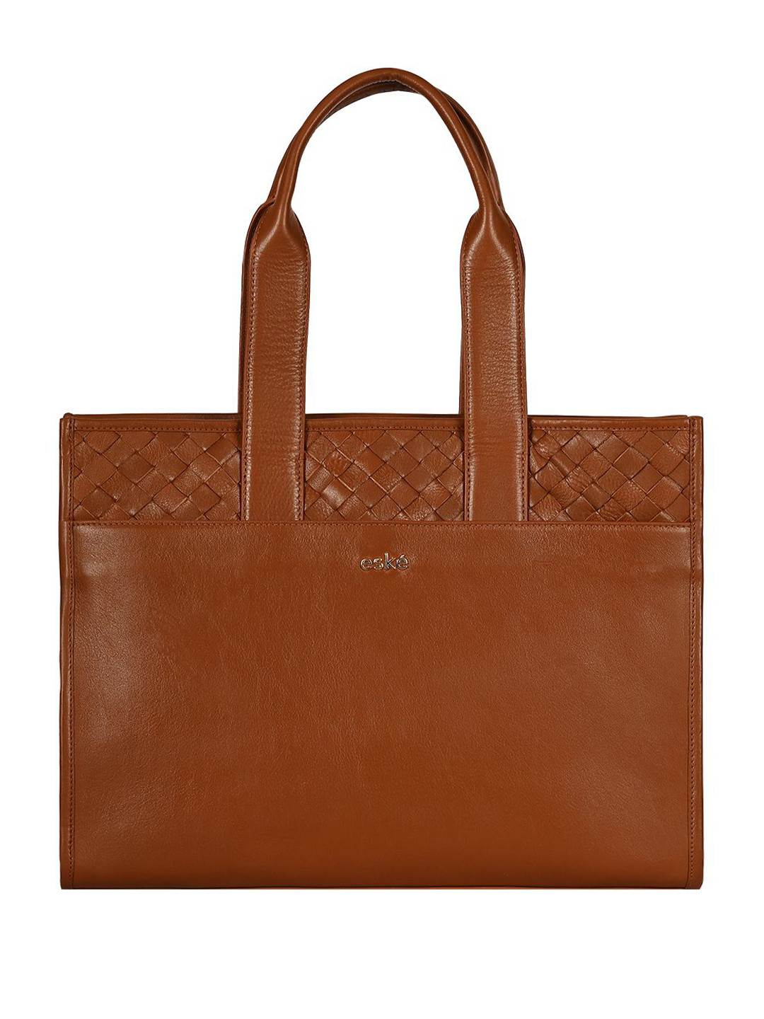 eske Women Brown Braided Panel 13 inch Laptop Padded Space Leather Office Tote Bag