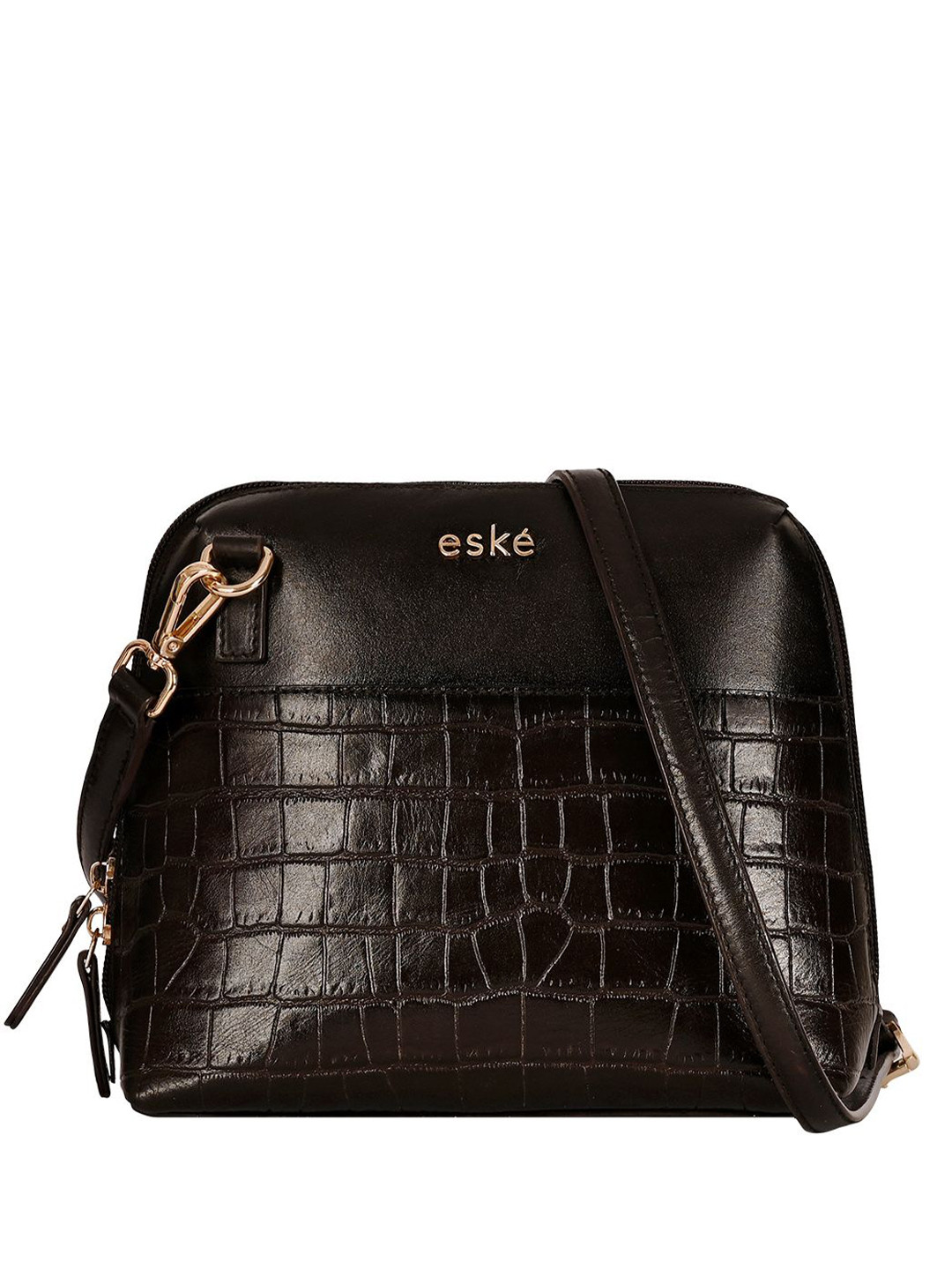 eske Women Brown Printed Adjustable Sling Strap 2 Zip Pocket Leather Mini Shoulder Bag