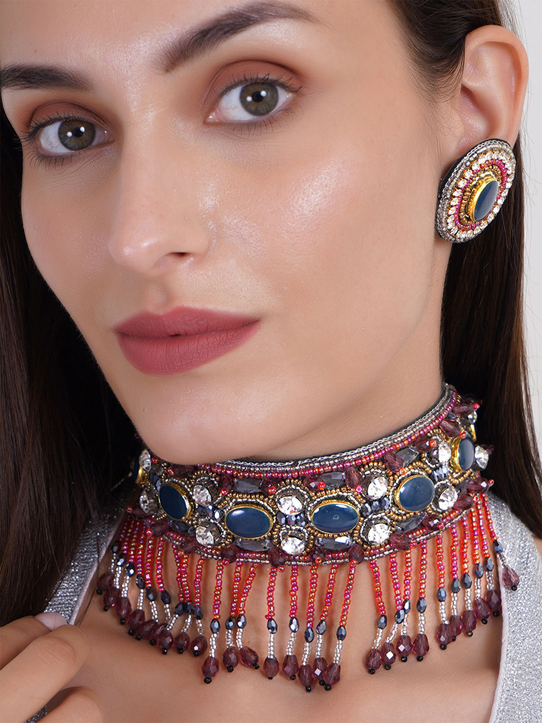 Adwitiya Collection Kundan Stones-Studded & Beaded Jewellery Set