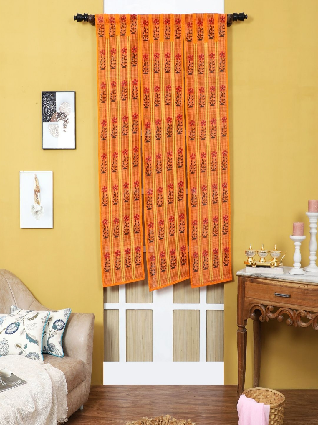 Silpakarman Orange & Black Floral Room Darkening 3 Panel Window Curtain