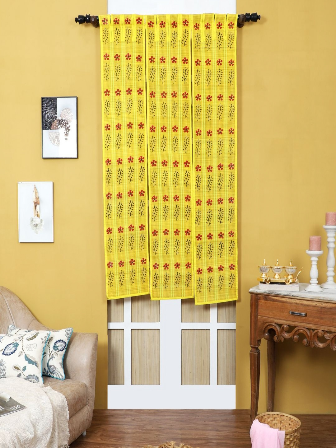 Silpakarman Yellow & Red Floral Bamboo Sticks and Cotton Threads 3 Panel Window Curtain