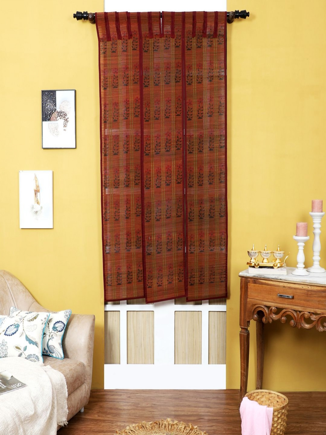 Silpakarman Maroon & Blue Floral Bamboo Sticks and Cotton Threads Window Curtain