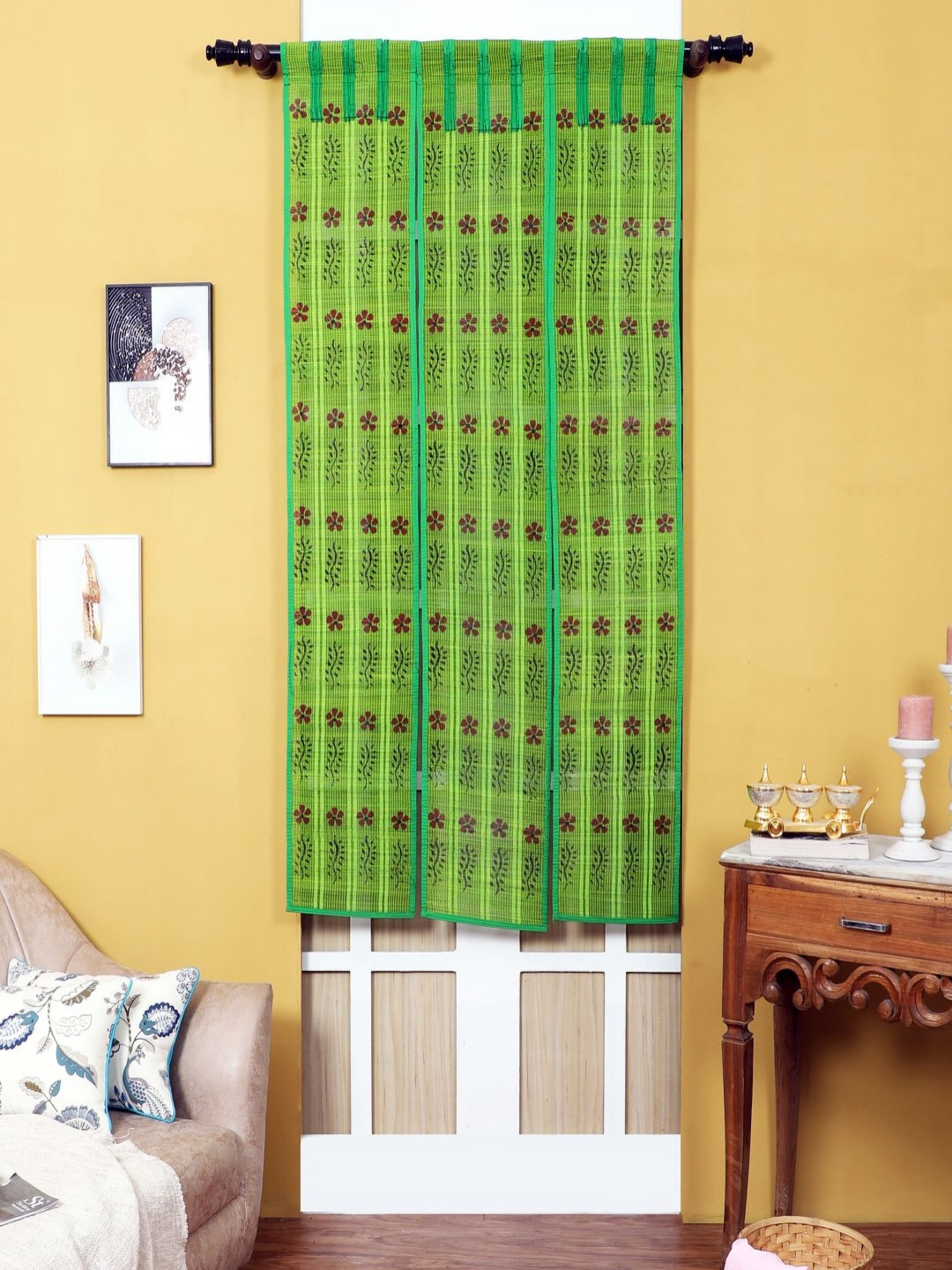 Silpakarman Lime Green Floral Bamboo Sticks and Cotton Threads 3 Panel Window Curtain
