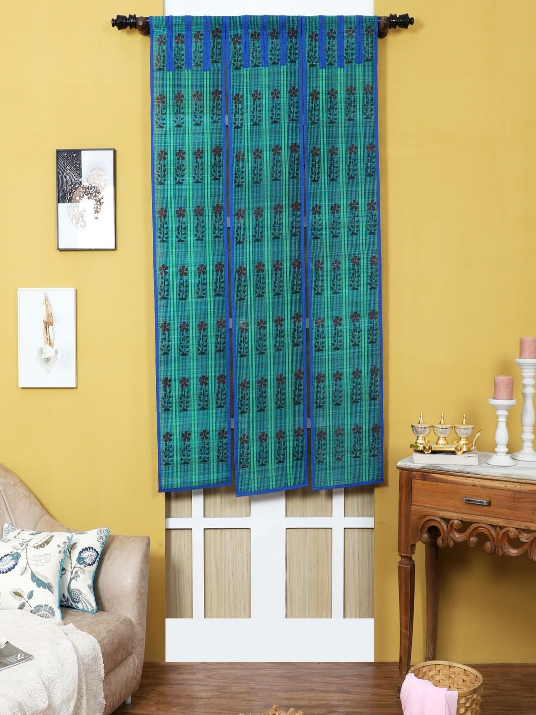 Silpakarman Blue & Black Floral Bamboo Sticks and Cotton Threads 3 Panel Window Curtain