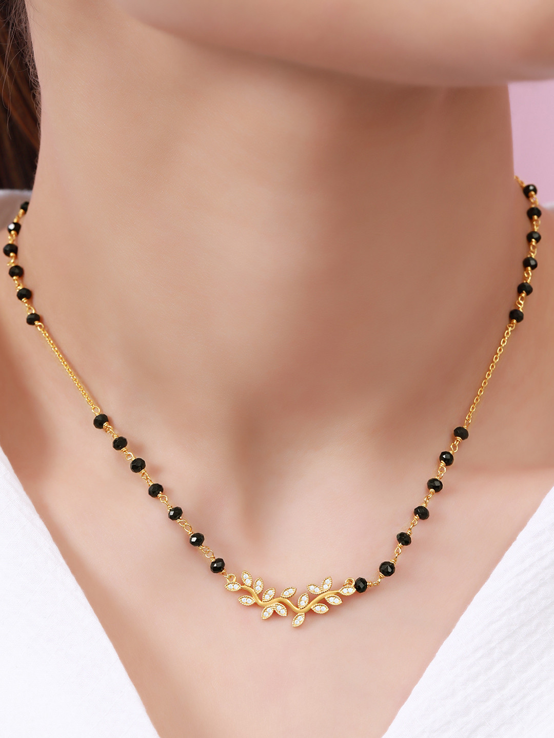 Zavya 925 Sterling Silver Modern Leaf Gold Plated Mangalsutra