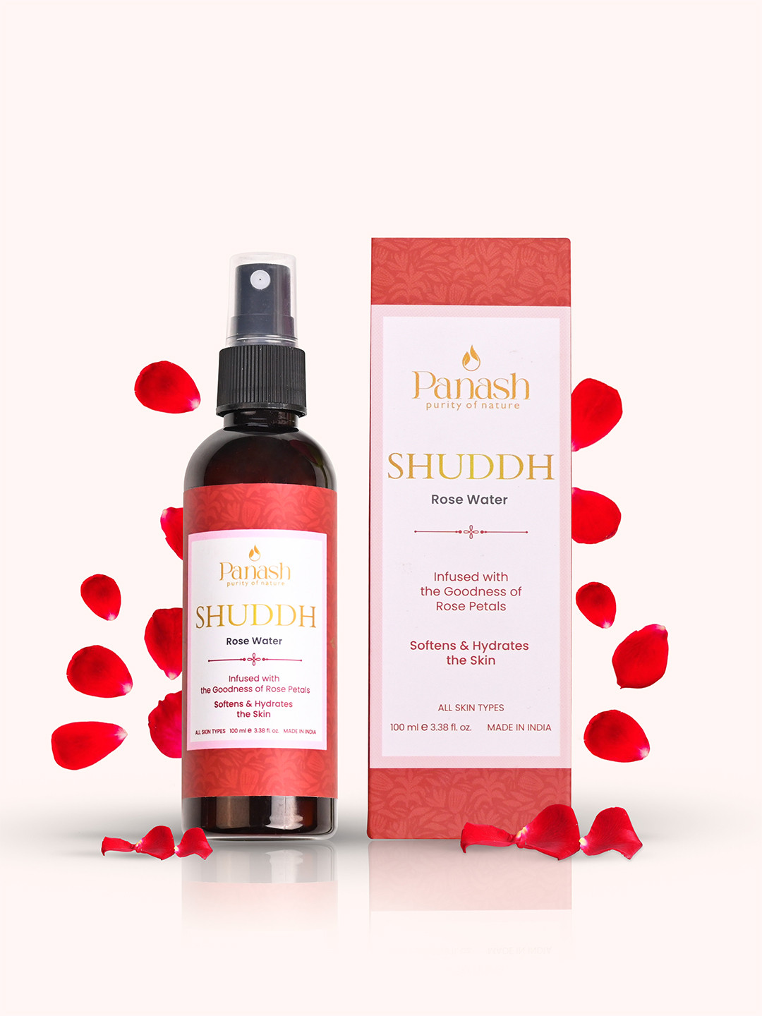 PANASH WELLNESS Shuddh Rose Water Infused With Rose Petals - Hydrates The Skin - 100 ml
