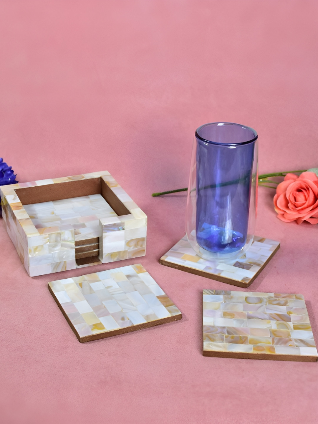THE HOME CO. White 6 Pieces Mother Of Pearl Table Coaster
