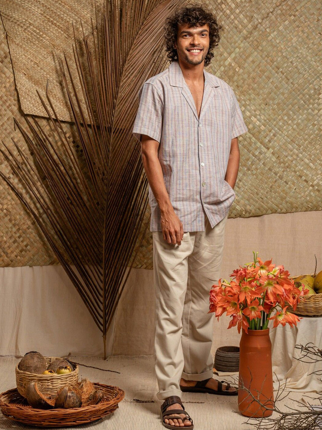 Weavers Stores Men Relaxed Cuban Collar Vertical Striped Khadi Casual Shirt