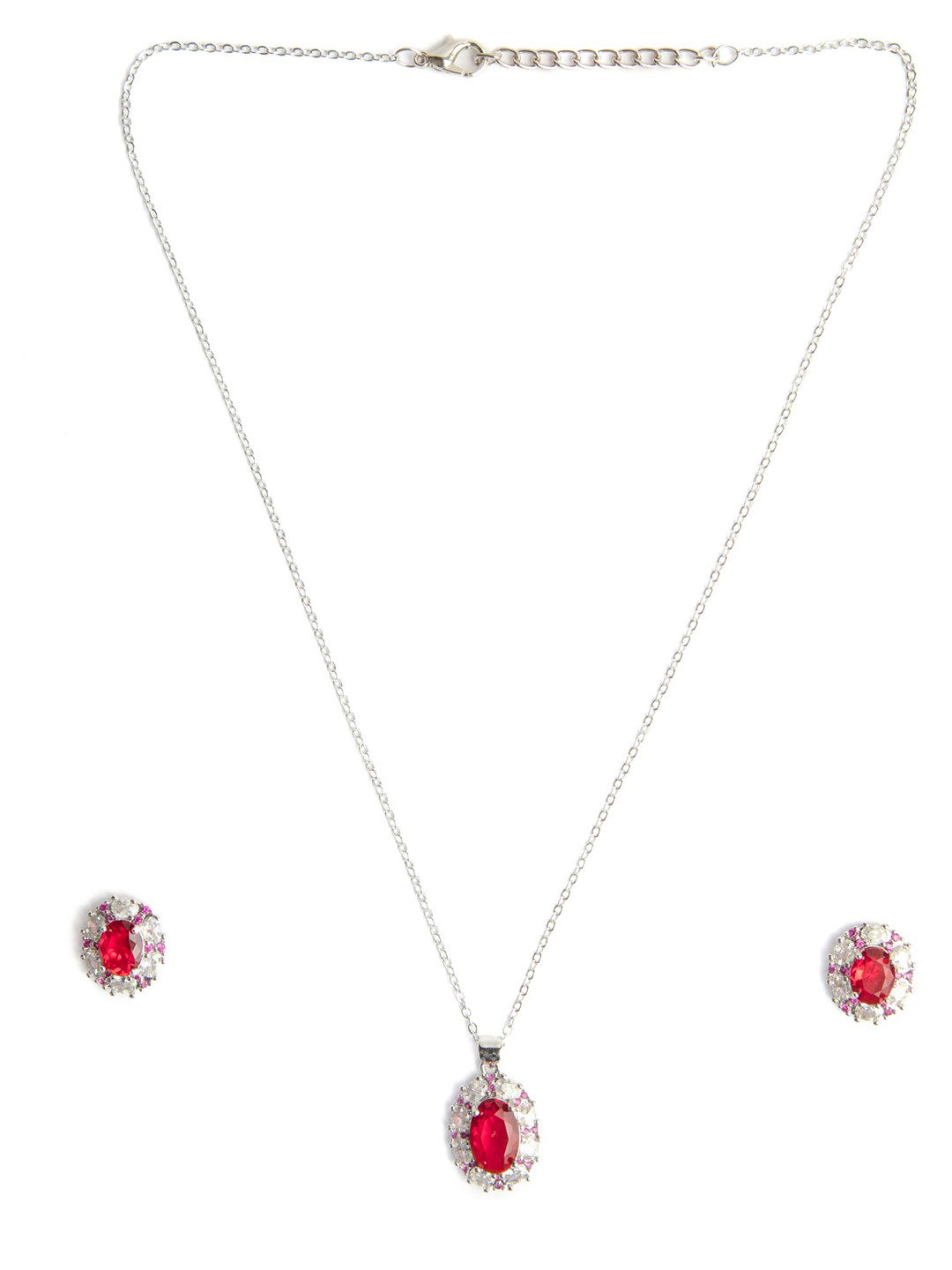 Kord Store Rhodium Plated Ruby & American Diamond Studded Jewellery Set