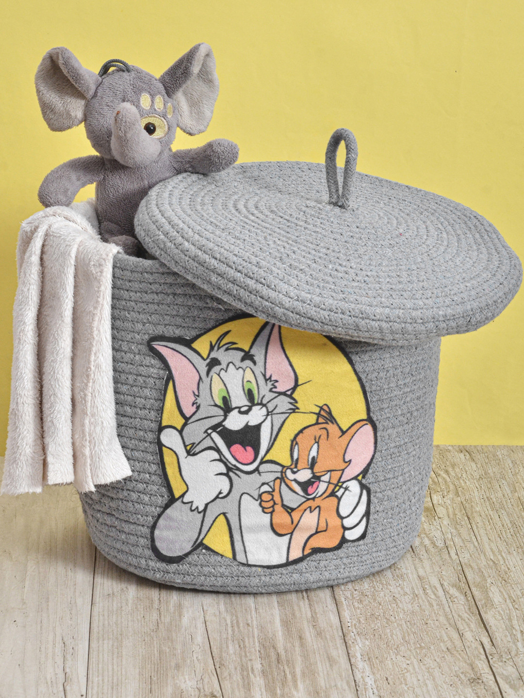 FABINALIV Grey Tom & Jerry Printed Cotton Reusable Multi Utility Organiser With Lid