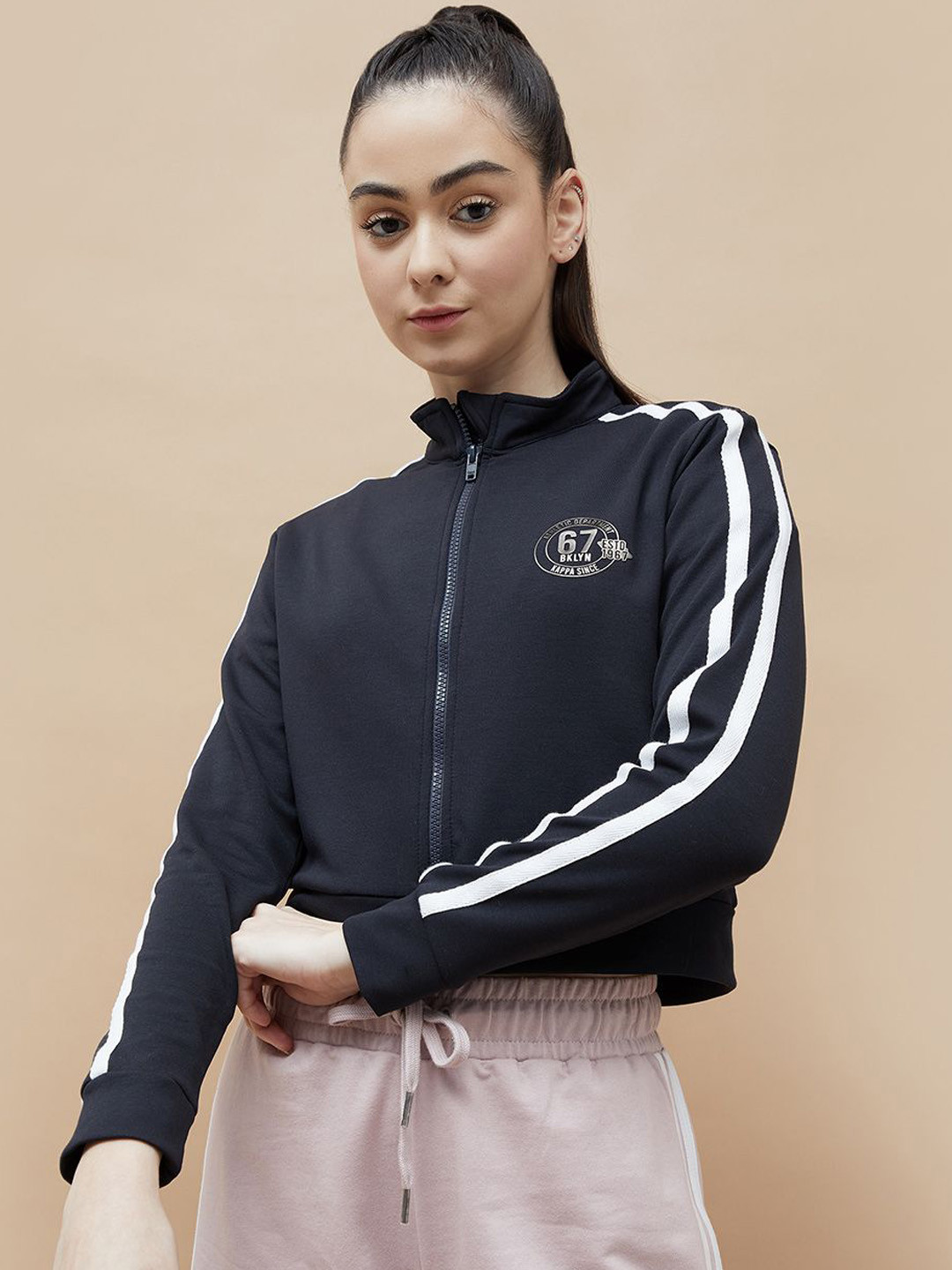 Kappa Women Mock Collar Striped Casual Bomber Jacket