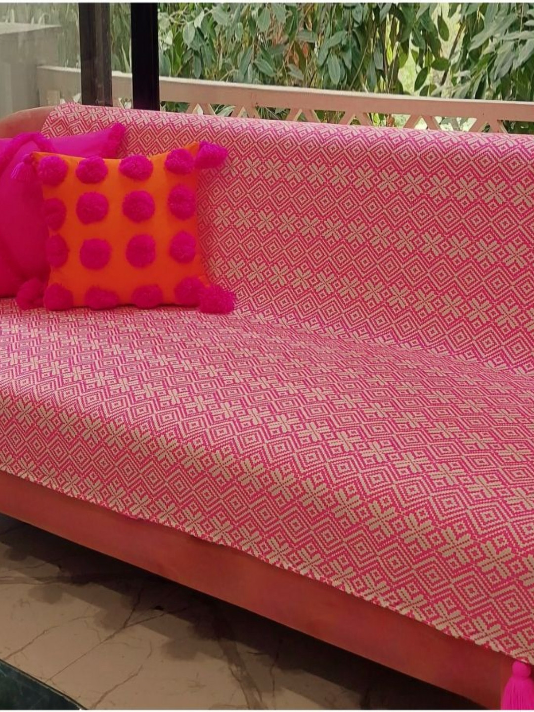 THROWPILLOW Pink Geometric Polyester Anti Slip Straight 3 Seater Sofa Cover-26x47In