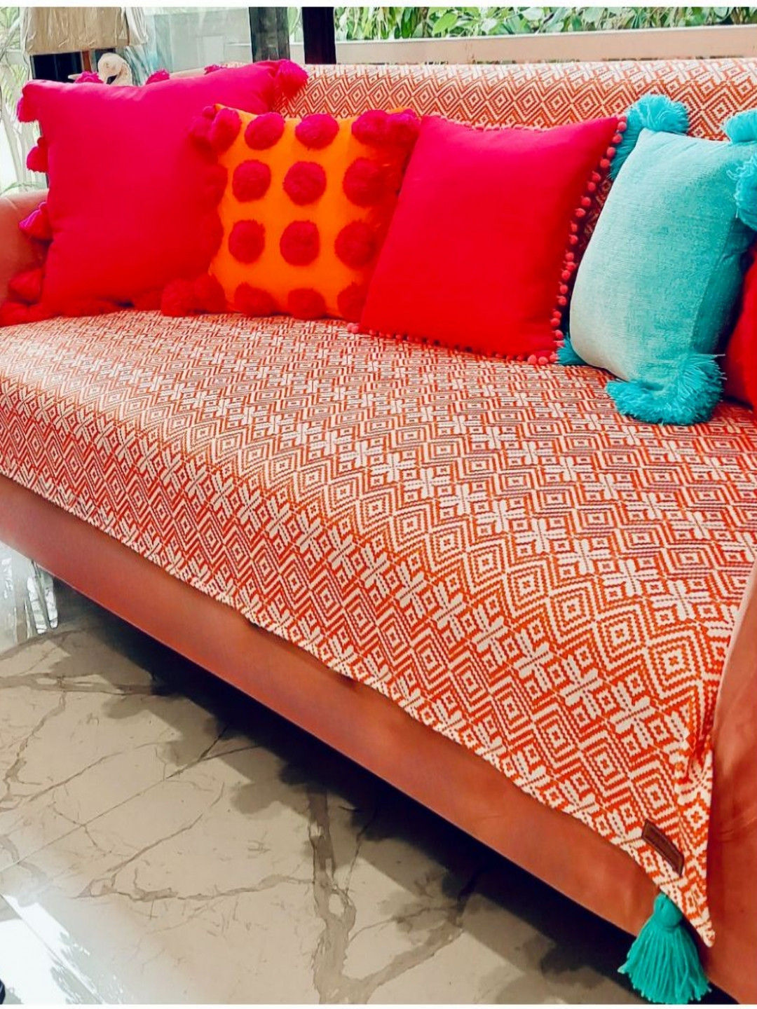 THROWPILLOW Orange Aztec Pattern 3 Seater Sofa Cover With Corner Tassels-Size 67x26 Inch