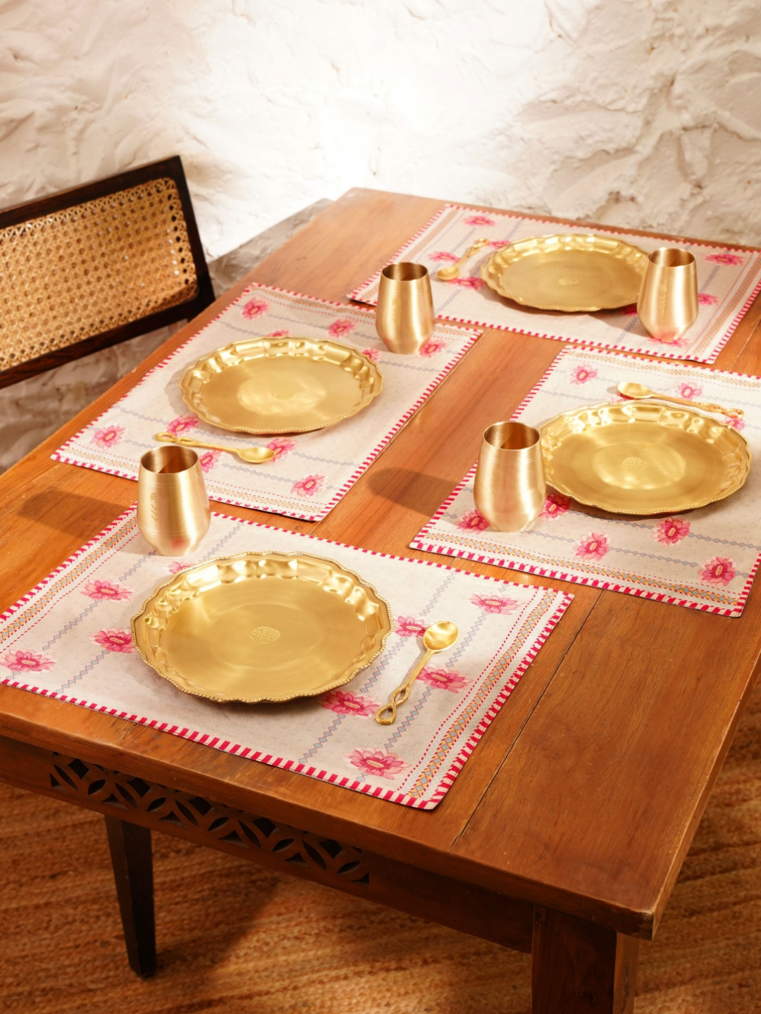 JAYPORE Pink & White 4 Pieces Floral Printed Cotton Table Placemats