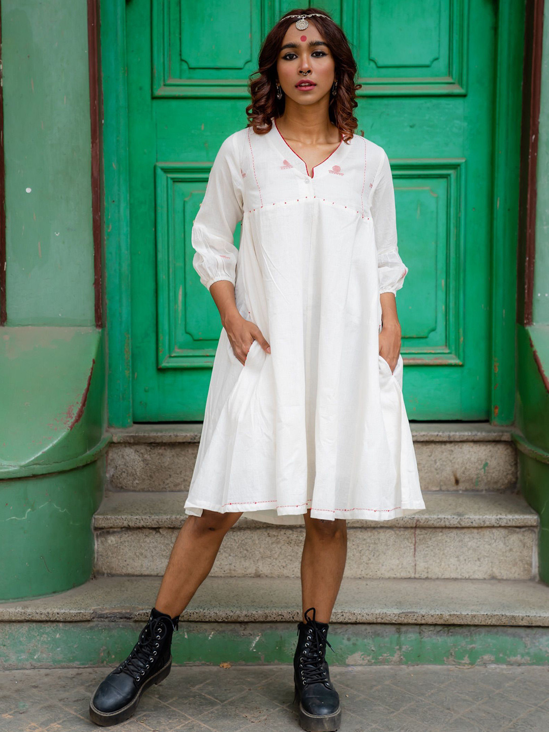 Prathaa Women Bohemian Embroidered Cotton A-Line Dress