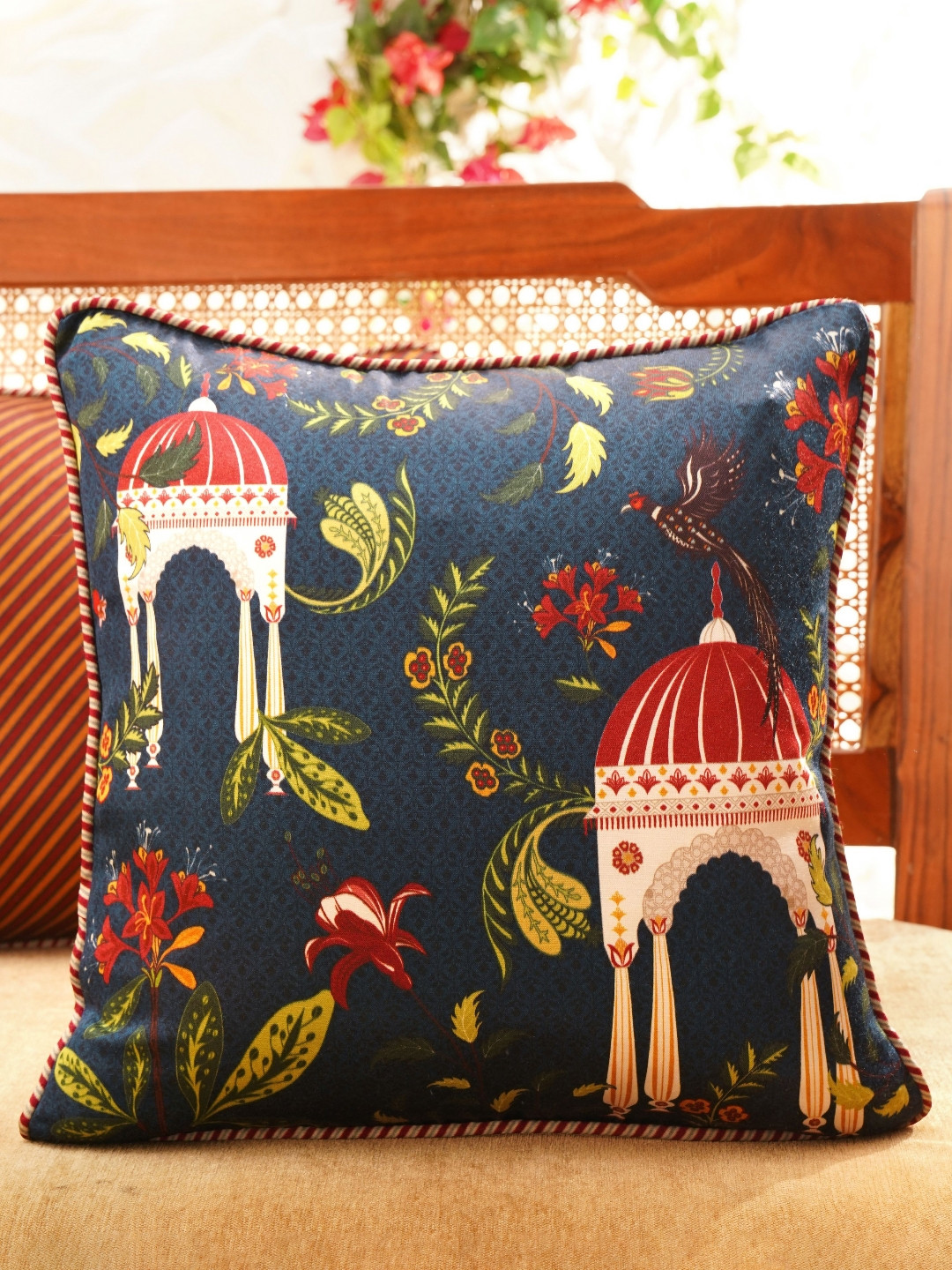 JAYPORE Grey Floral Cotton Washable Square Cushion Cover -16x16In