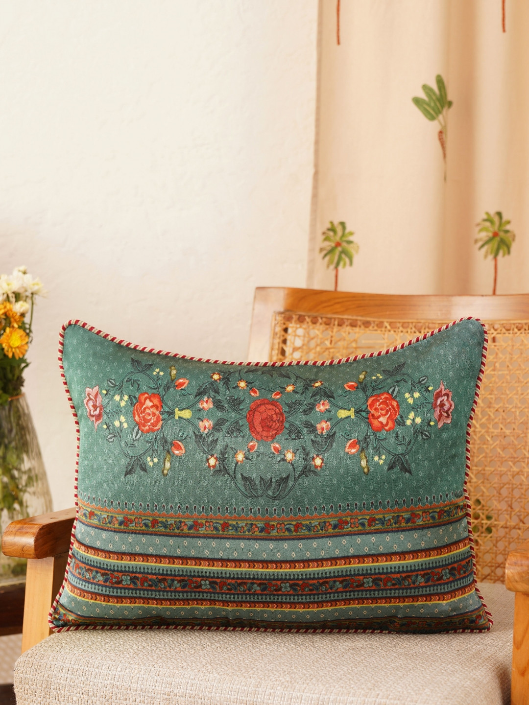 JAYPORE Green & Red Floral Printed Cotton Silk Rectangle Cushion Covers