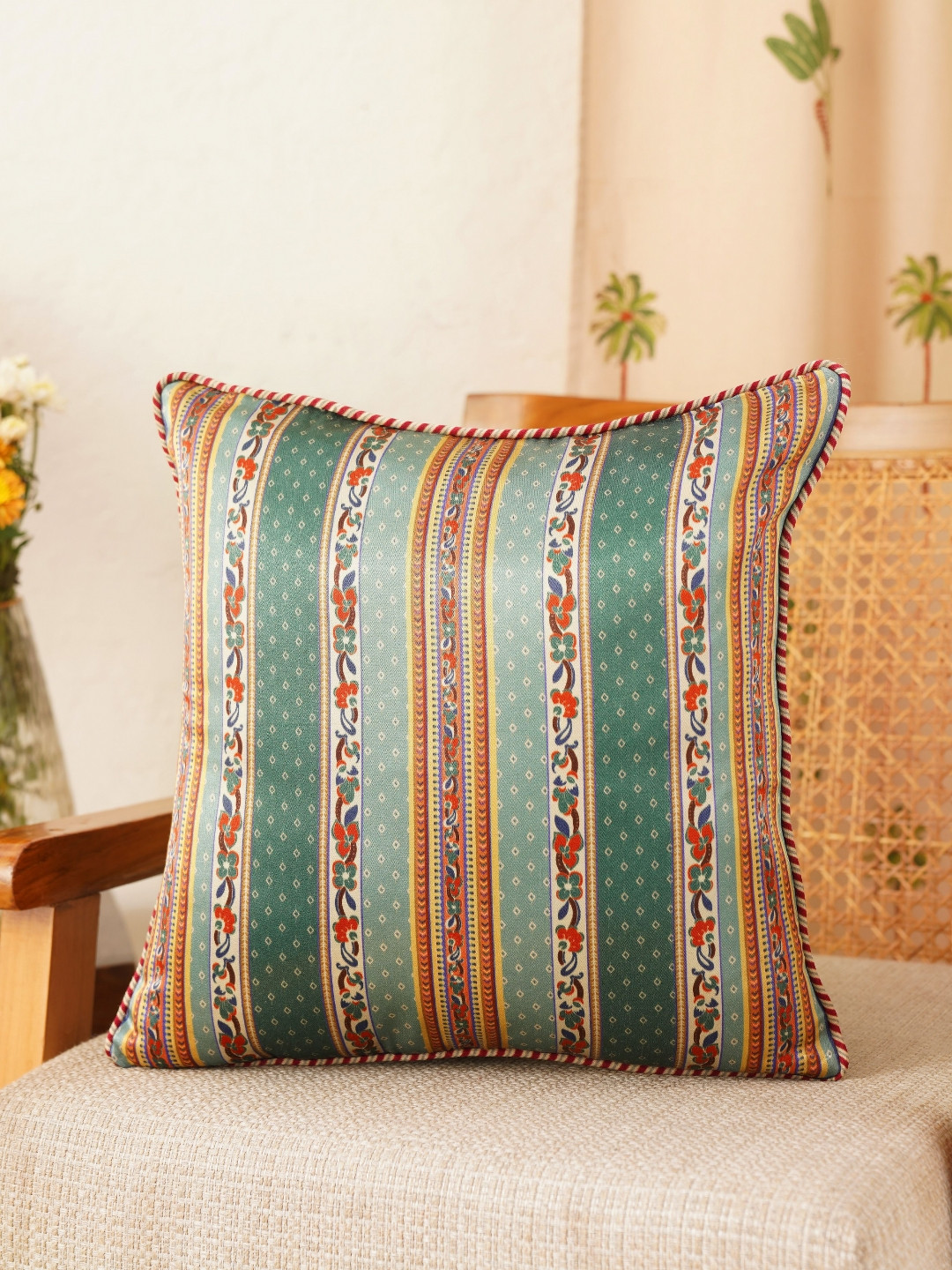 JAYPORE Green & Red Floral Printed Square Cushion Cover